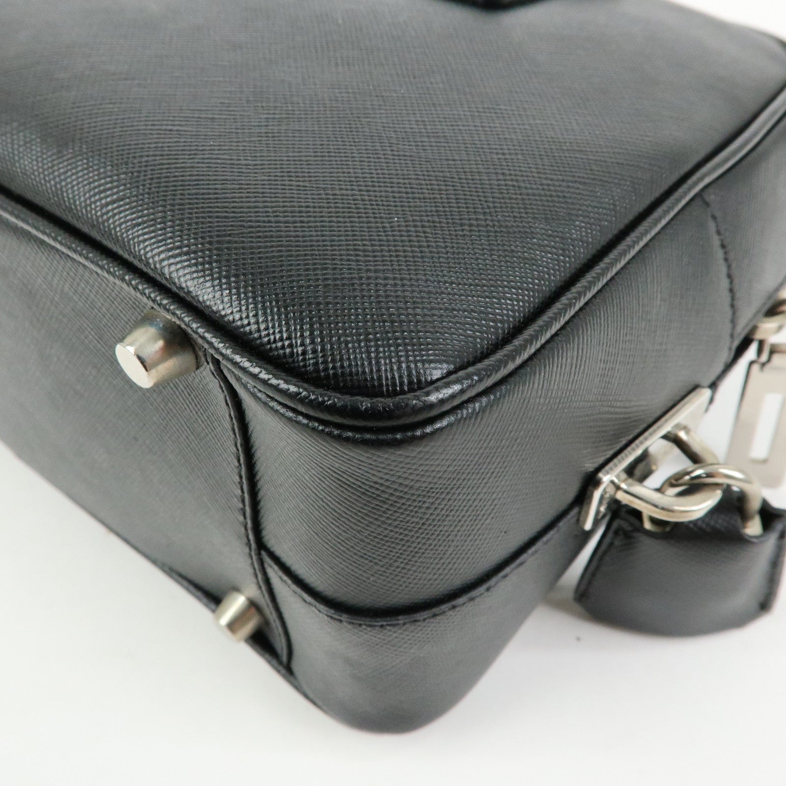 PRADA Triangle Logo Saffiano Leather Hand Bag Boston Bag Black