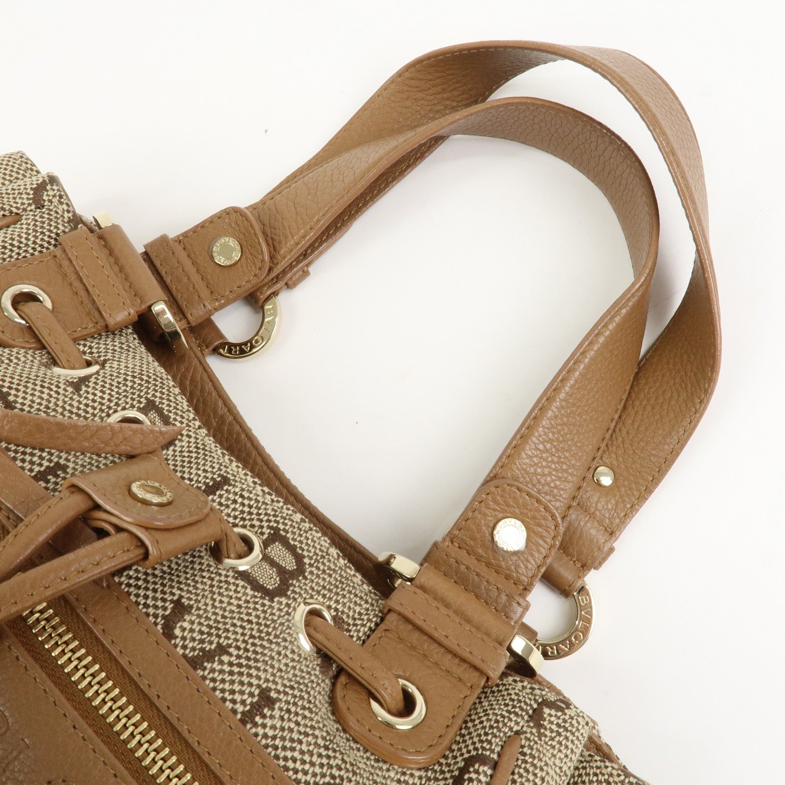 BVLGARI Logo Mania Jacquard Leather Hand Bag Tote Bag Beige