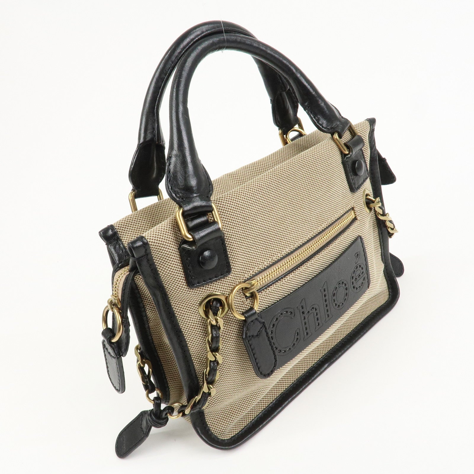 Chloe Harley Canvas Leather 2Way Bag Hand Bag Shoulder Bag Black