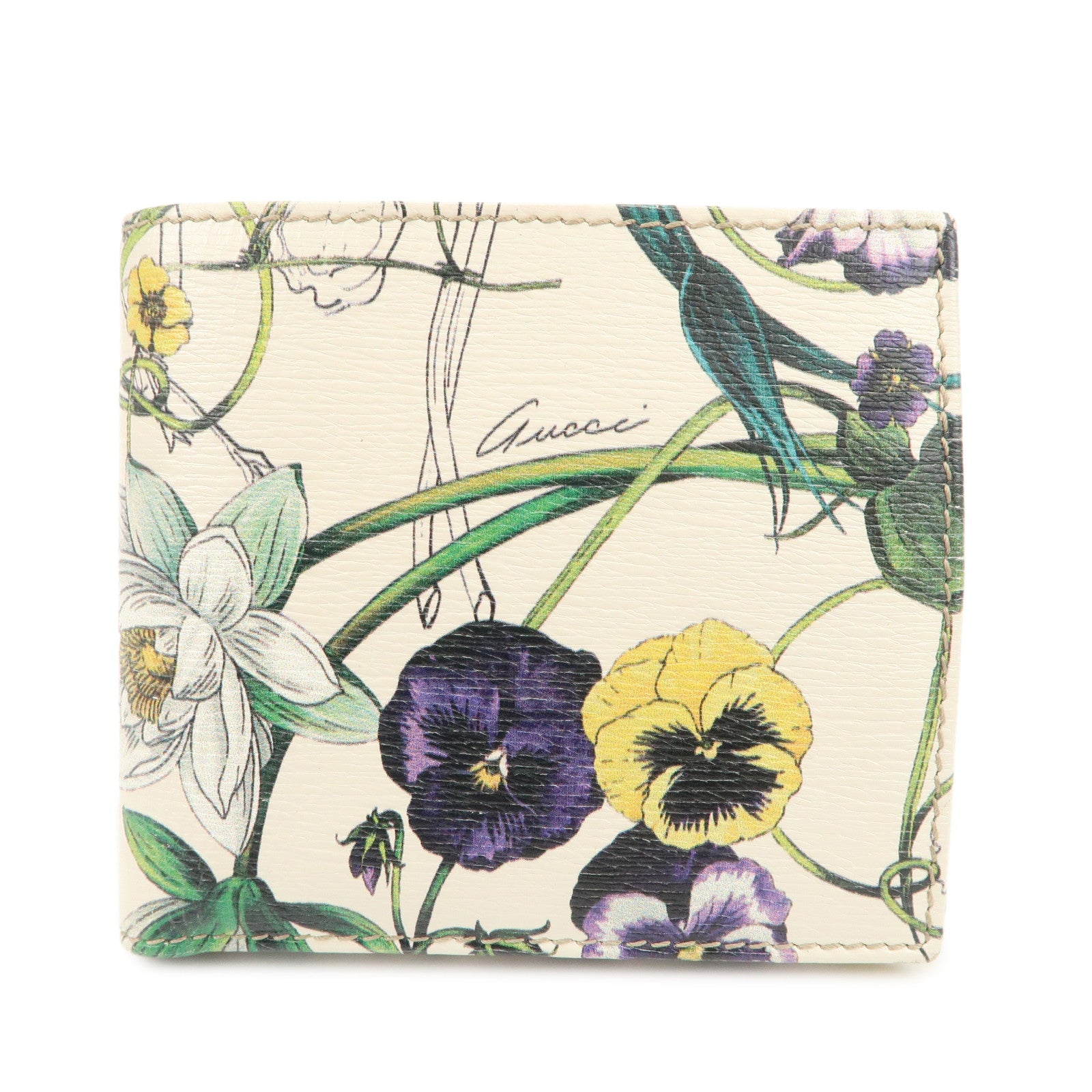 GUCCI GG Marmont Flora Canvas Leather Compact Wallet Ivory 04848