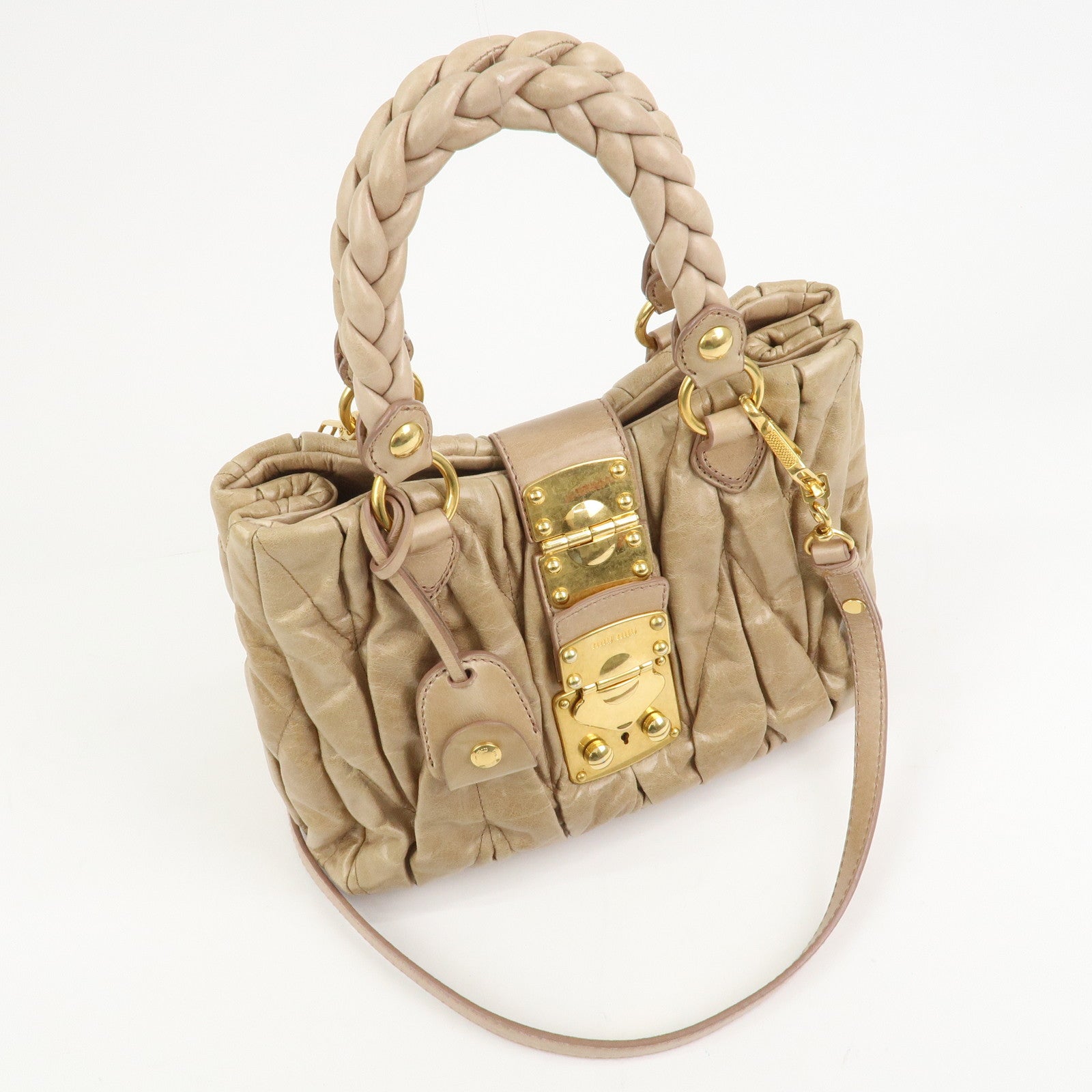 MIU MIU Matelasse Leather 2Way Bag Hand Bag Shoulder Bag Beige