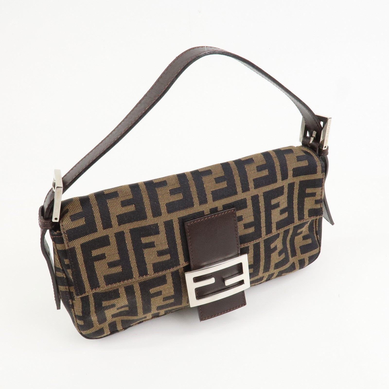 FENDI Mamma Baguette Zucca Canvas Shoulder Bag Brown Black 26424