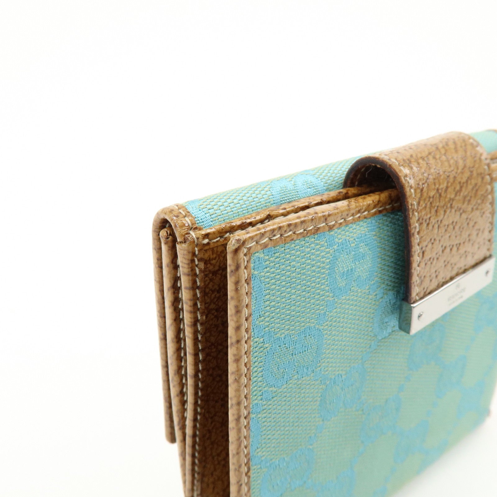 GUCCI GG Canvas Leather Compact Wallet Light Blue Brown 115090