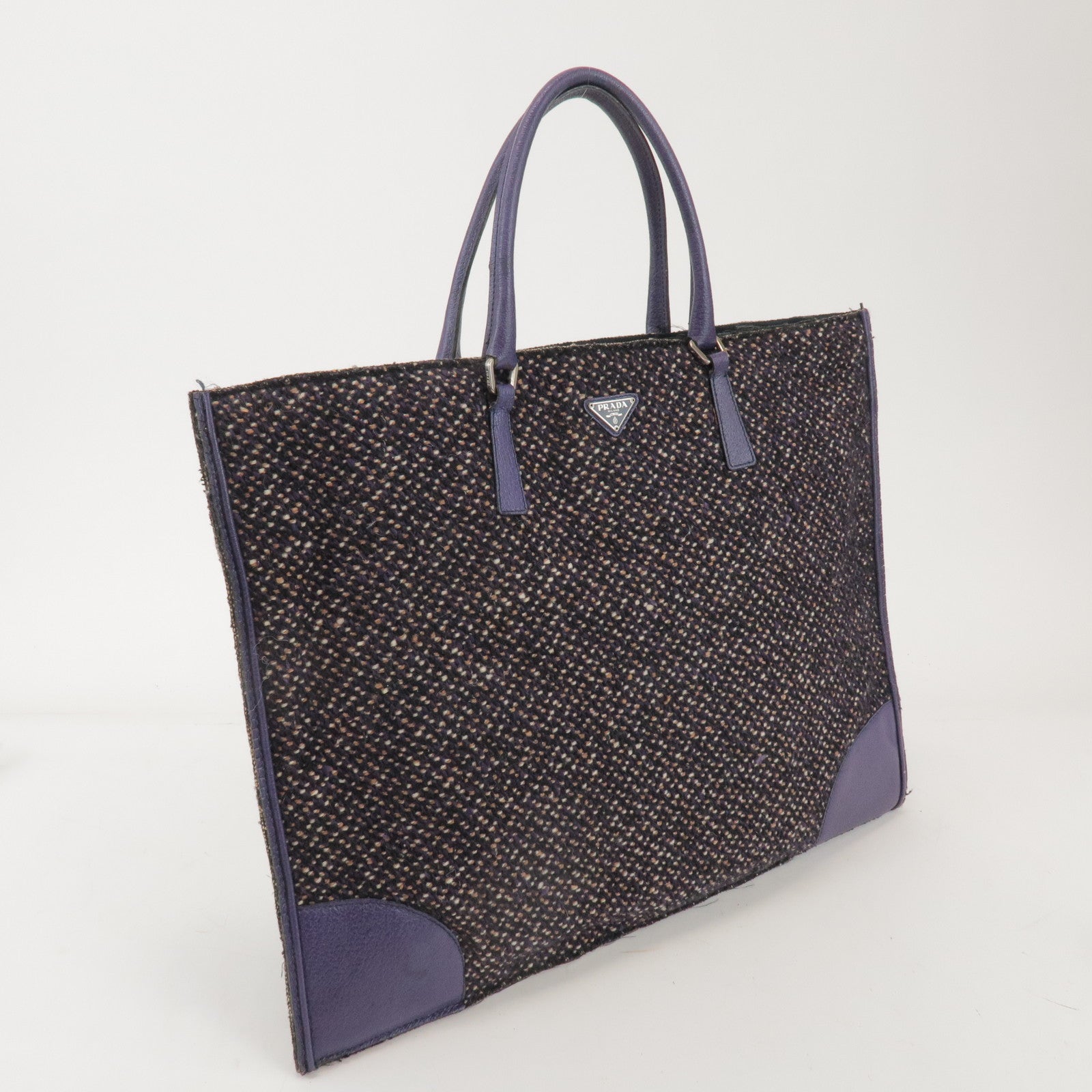 PRADA Triangle Logo Wool Leather Tote Bag Hand Bag Purple