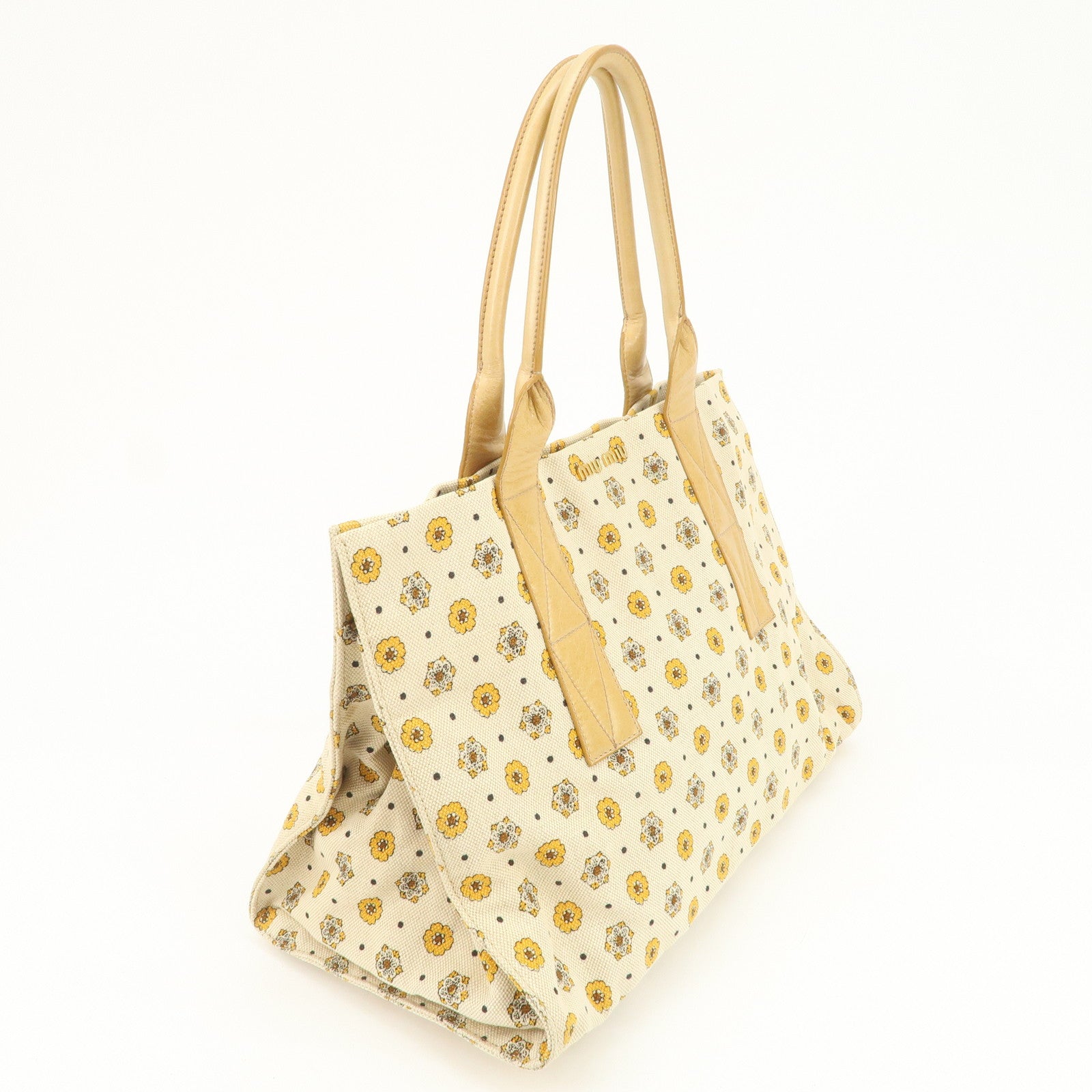MIU MIU Canvas Leather Tote Bag Hand Bag Flower Motif Beige