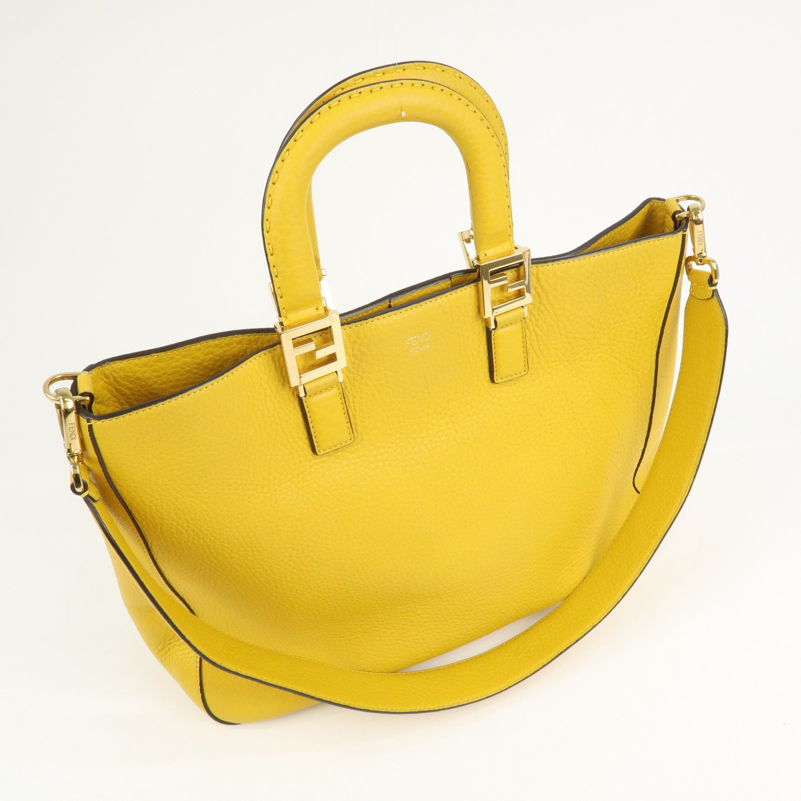 FENDI Selleria Leather 2Way Hand Tote Shoulder Bag Yellow 8BH368