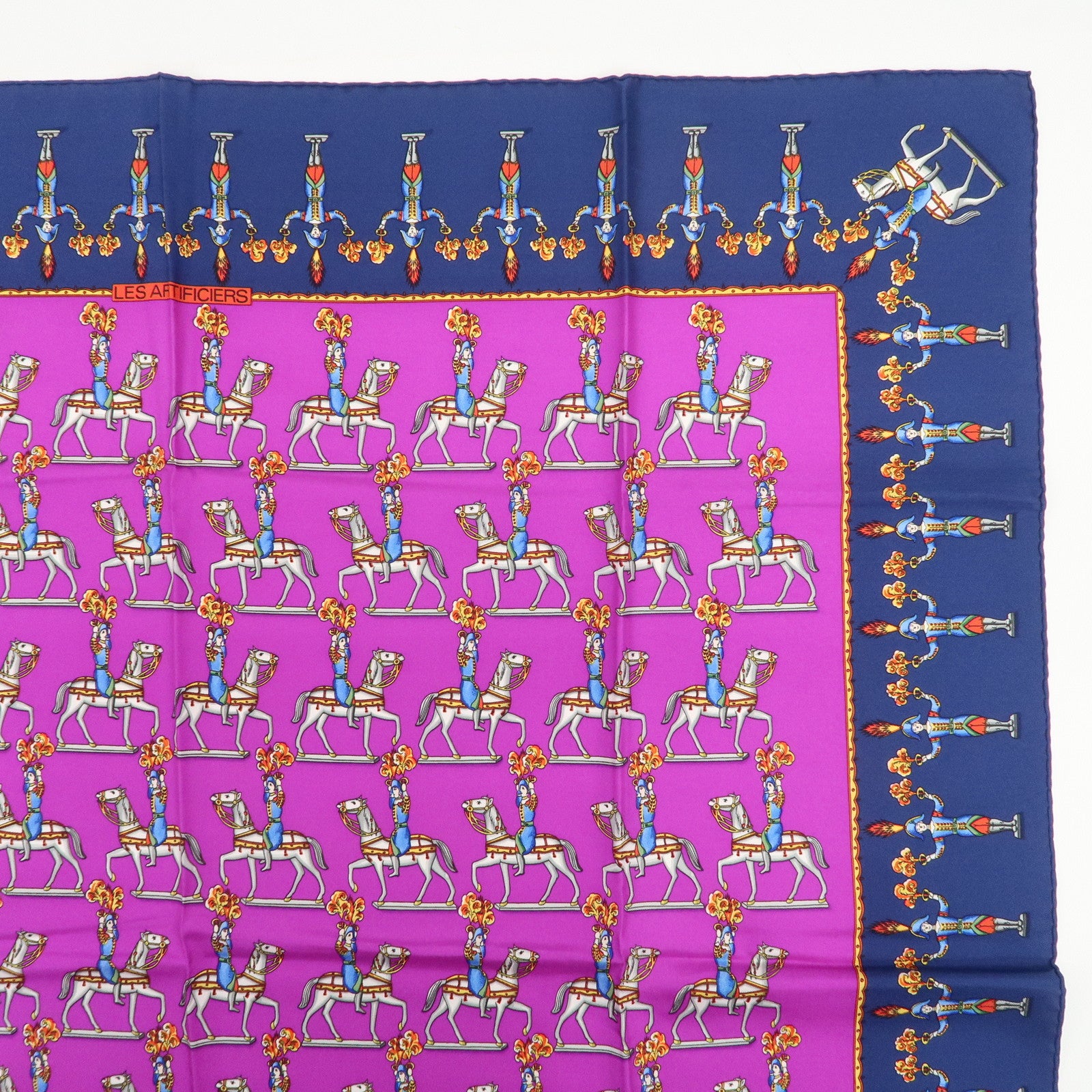 HERMES Carre 90 Silk 100% Scarf Les Artificiers Navy Purple
