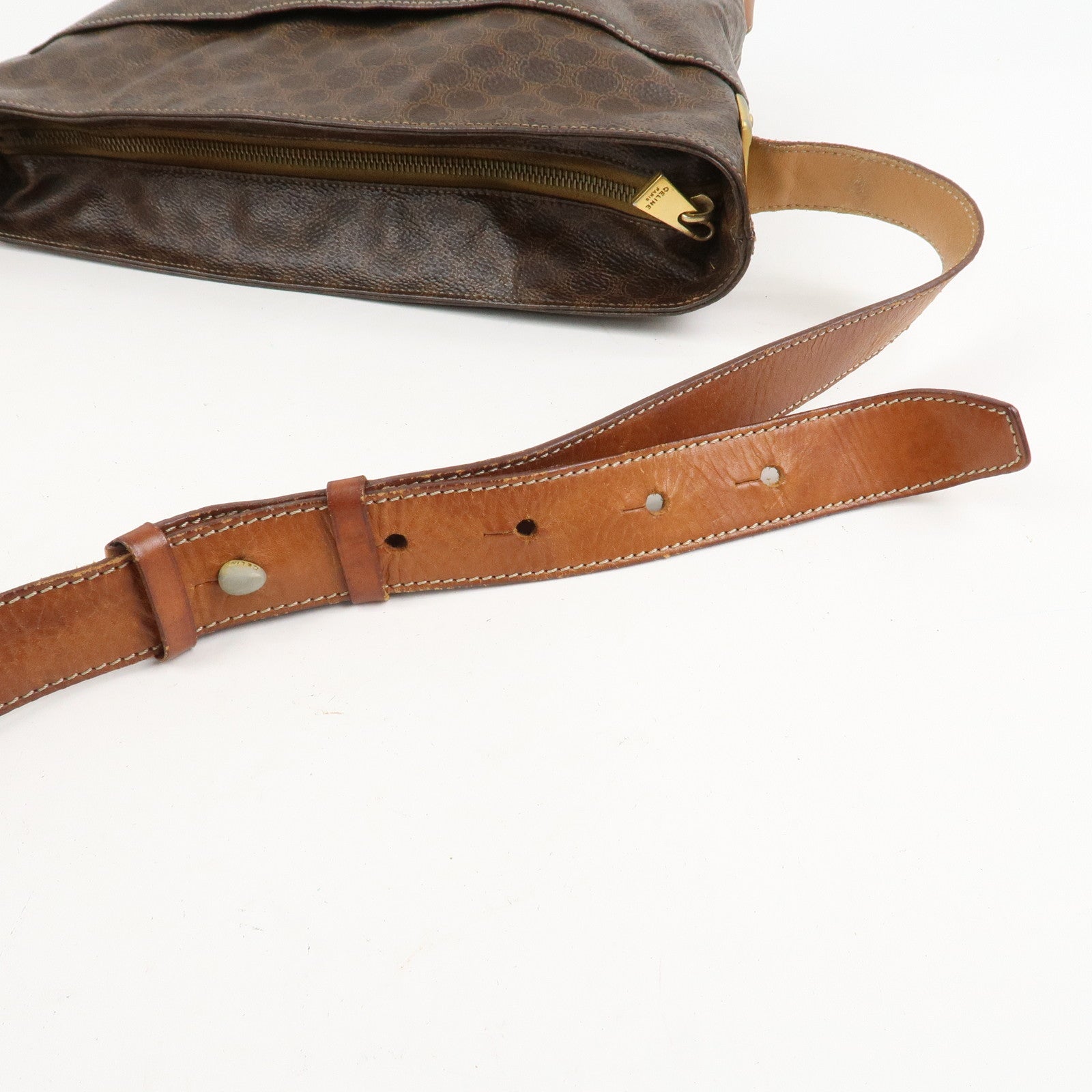 CELINE Macadam PVC Canvas Leather Shoulder Bag Brown Gold Hardware