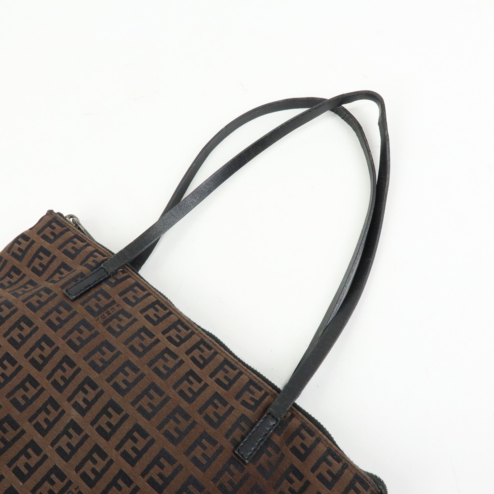 FENDI Zucchino Canvas Leather Tote Shoulder Bag Brown Black 8BH023