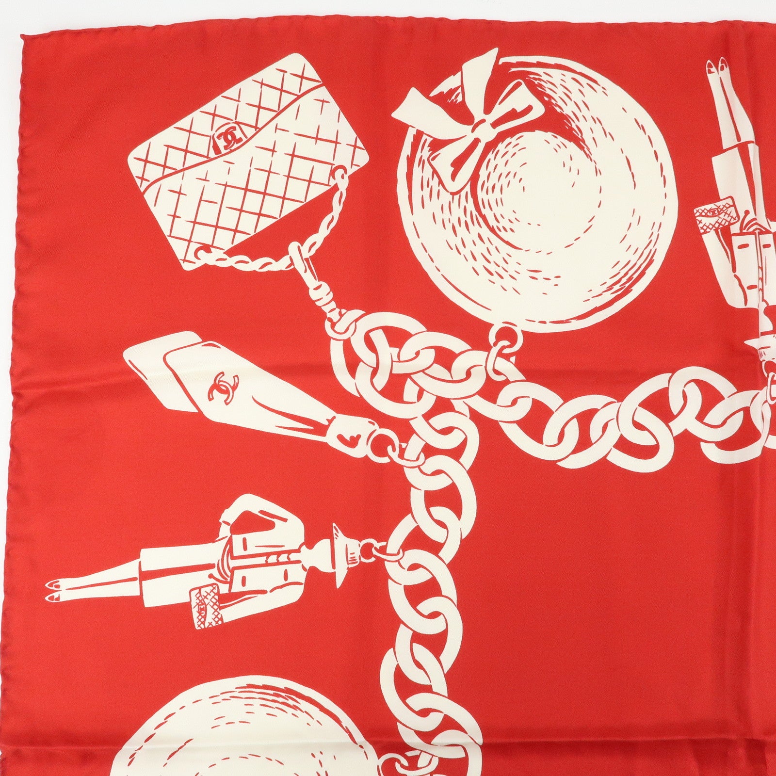 CHANEL Silk 100% Scarf Matelasse Bag Motif Red White
