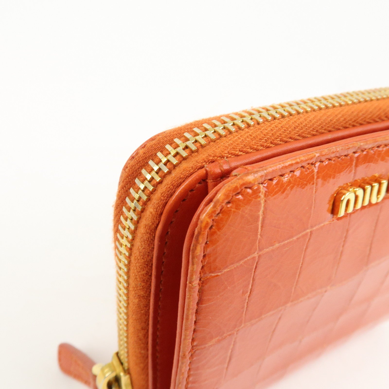 MIU MIU Leather Bi-Fold Wallet Compact Wallet Orange Gold Hardware Used