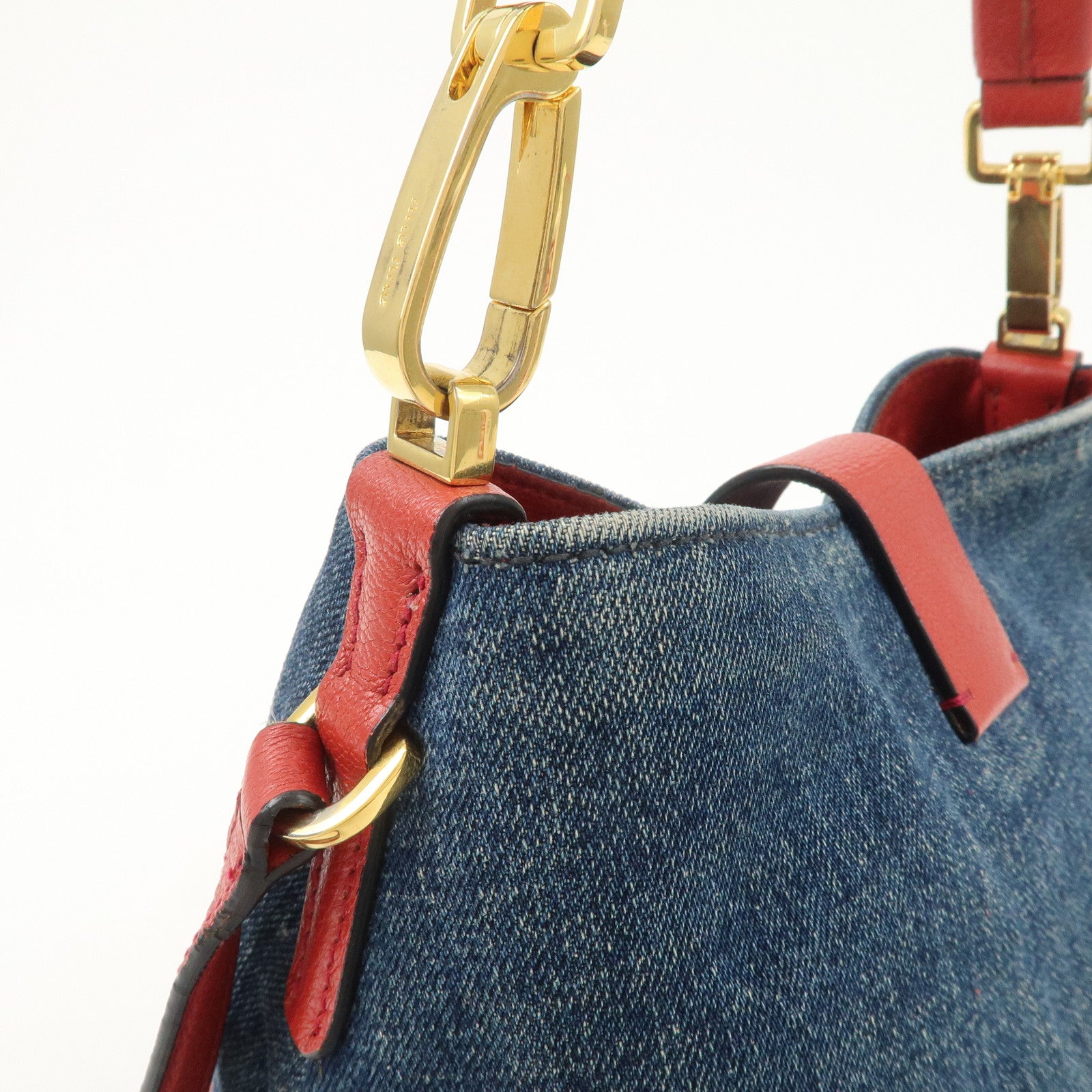 MIU MIU Madras Leather Denim 2Way Bag Shoulder Bag Red RR1951 Used
