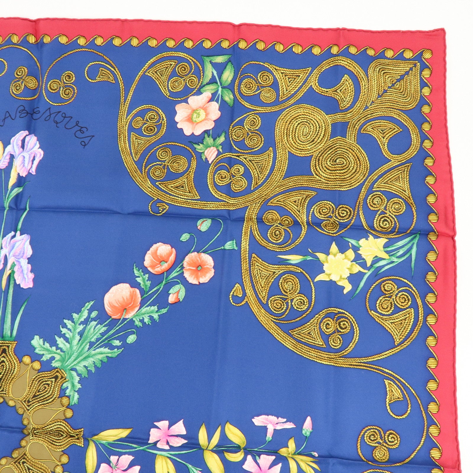 HERMES Carre 90 Silk 100% Scarf ARABESQUES Arabic Print Navy Red