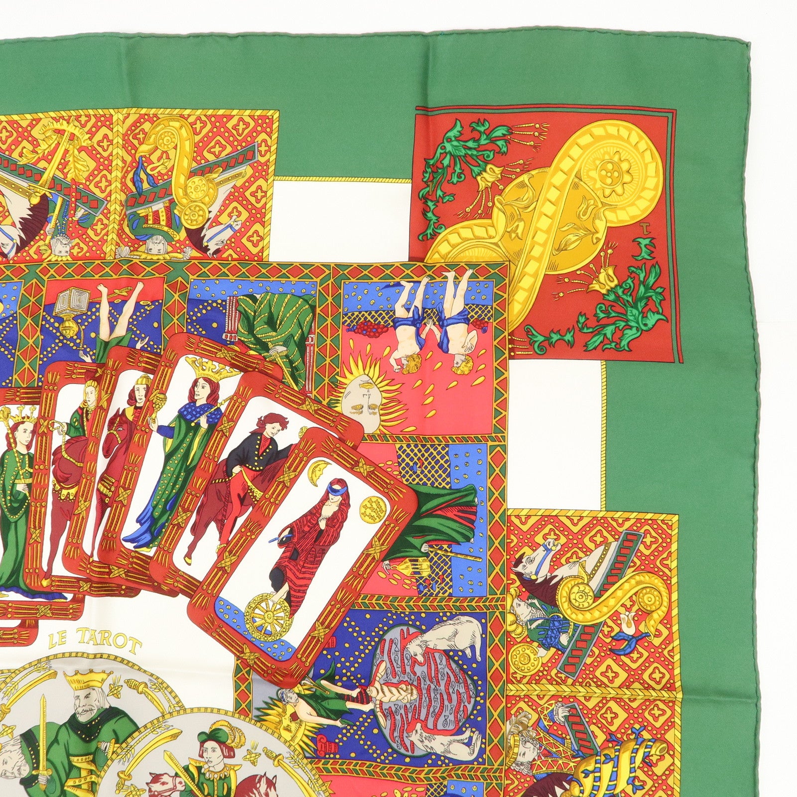 HERMES Carre 90 Silk 100% Scarf LE TAROT Green Multi Color