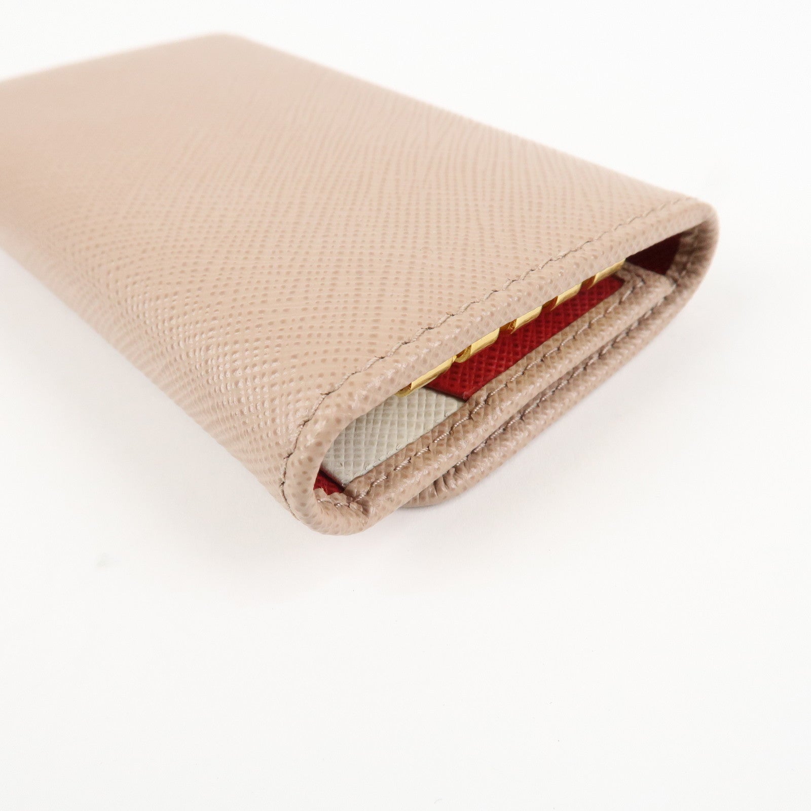 PRADA Logo Leather 4 Rings Key Case Key Holder Beige 1PG004 Used