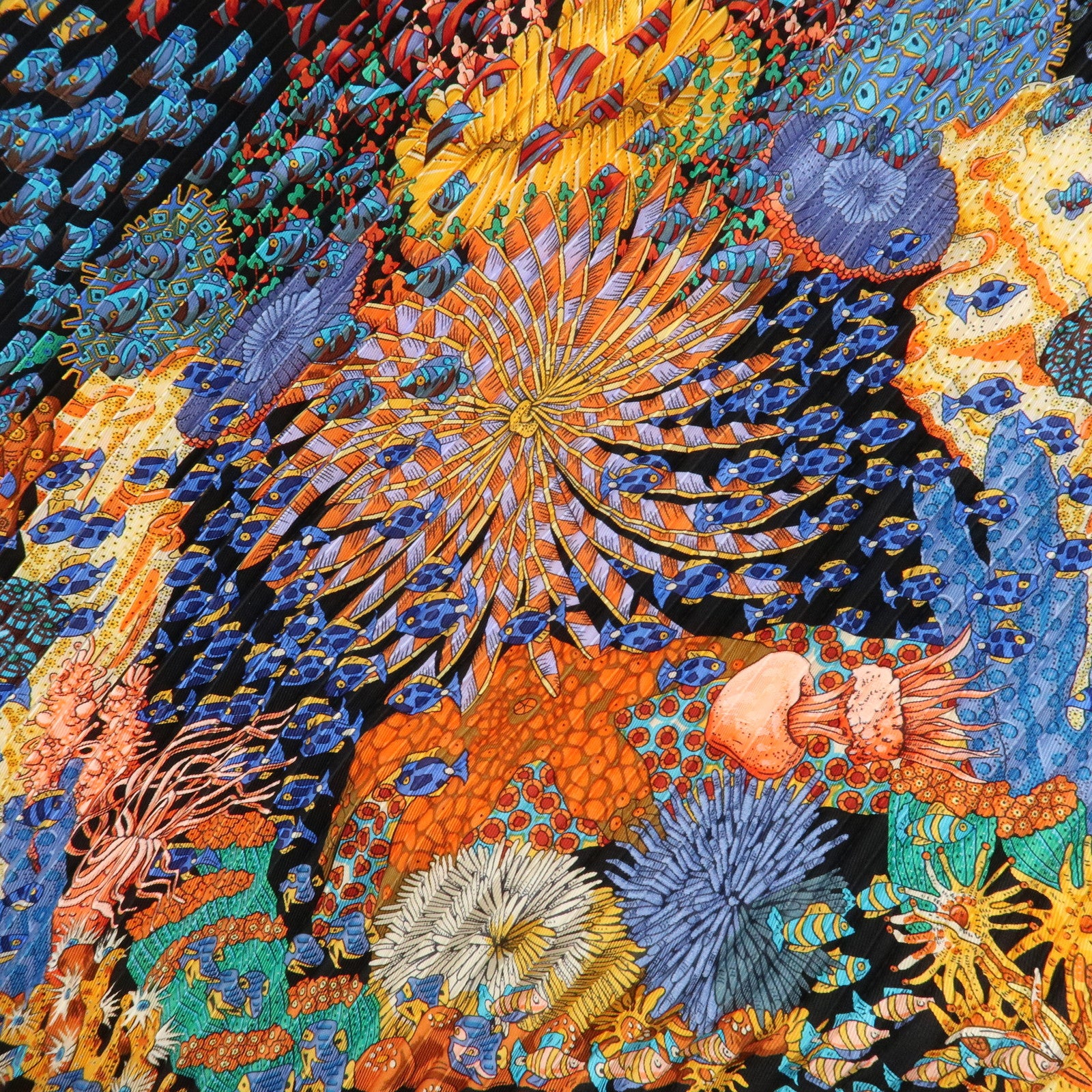 HERMES 100% Silk Pleats Carre Scarf ASTRES et SOLEILS Blue Multi Color Used