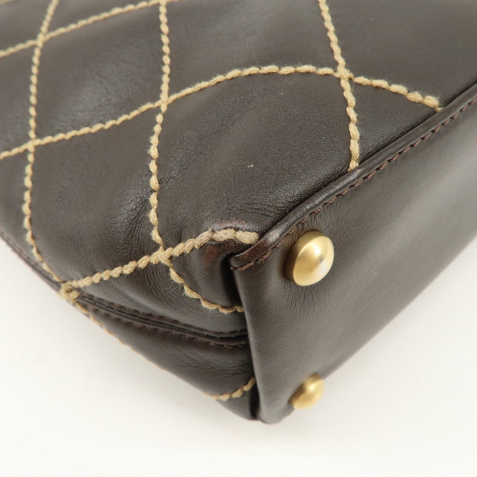 CHANEL COCO Mark Wild Stitch Leather Tote Bag Hand Bag Brown A18126 Used