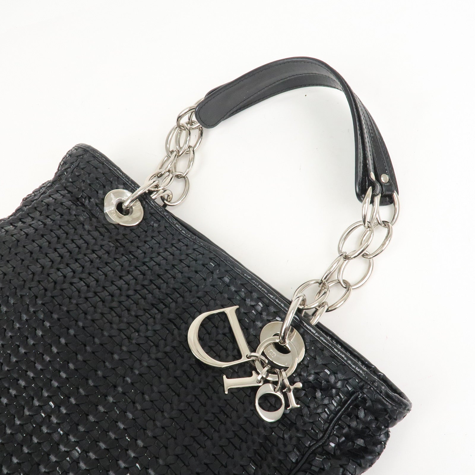 Christian Dior Woven Leather Logo Charm Chain Tote Bag Black