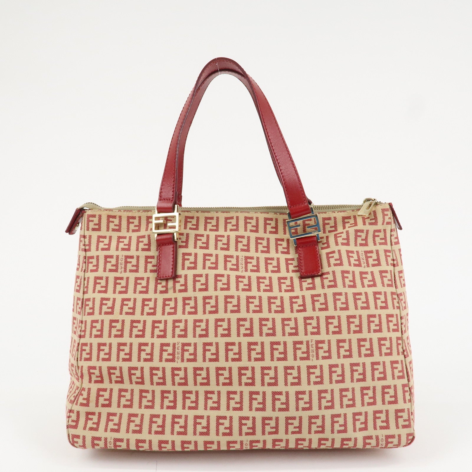 FENDI Zucchino Canvas Leather Hand Bag Beige Red 8BH134 Used