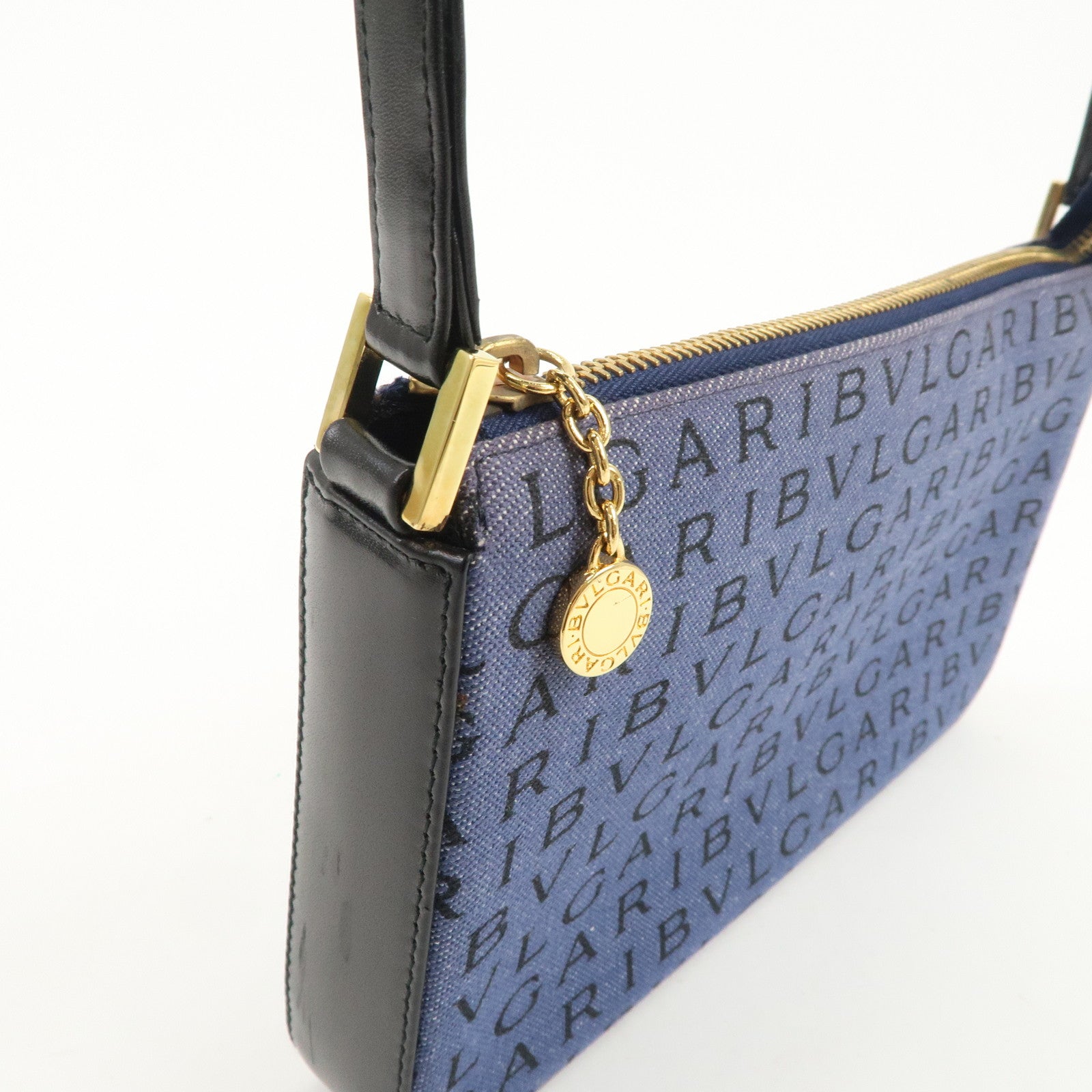 BVLGARI Logo Mania Canvas Leather Shoulder Bag Hand Bag Denim Black