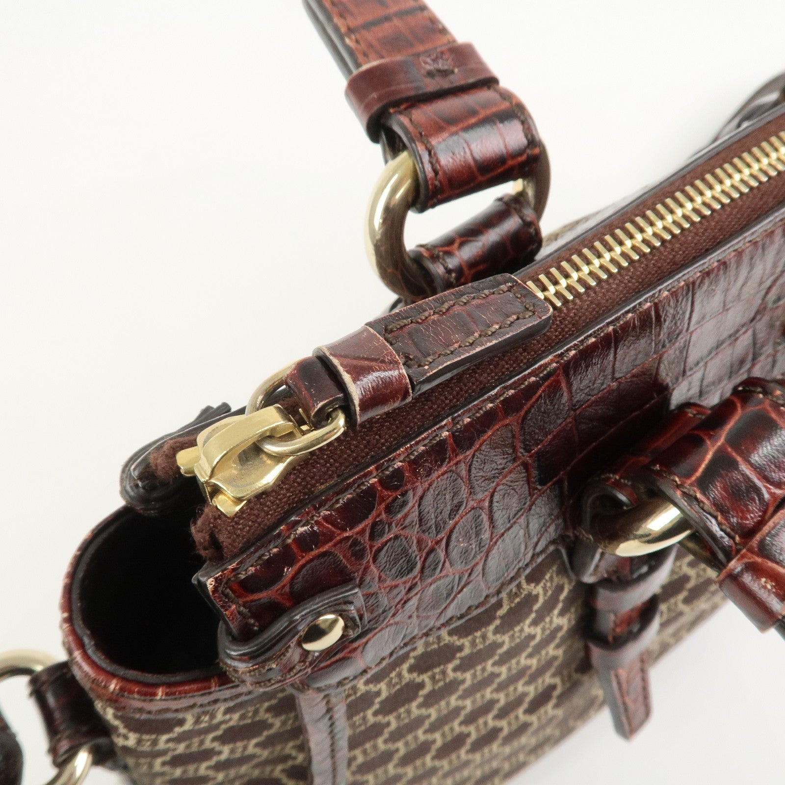 CELINE Macadam Canvas Emboss Leather 2 Way Bag Hand Bag Brown