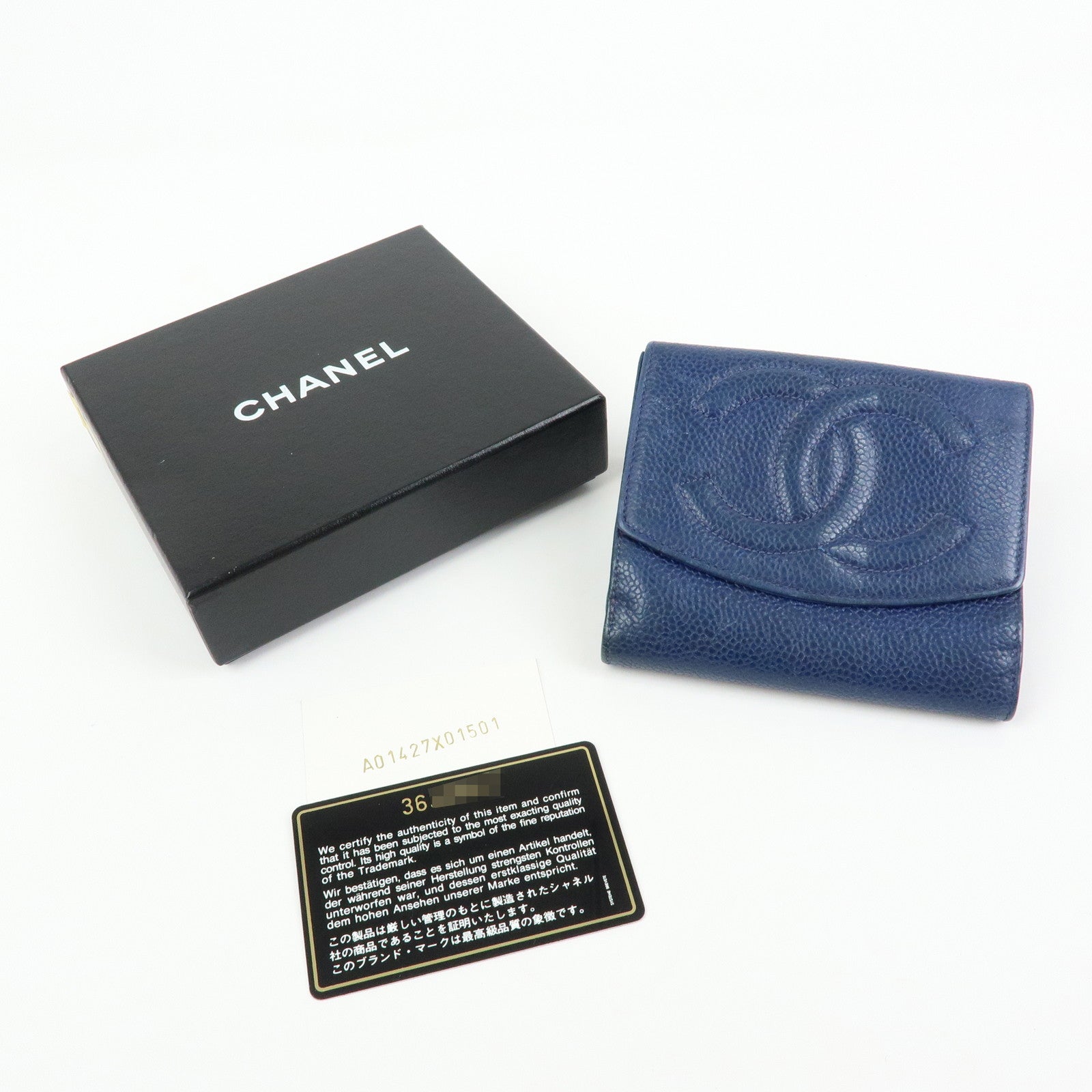 CHANEL COCO Mark Caviarskin W Hook Compact Wallet Navy A01427