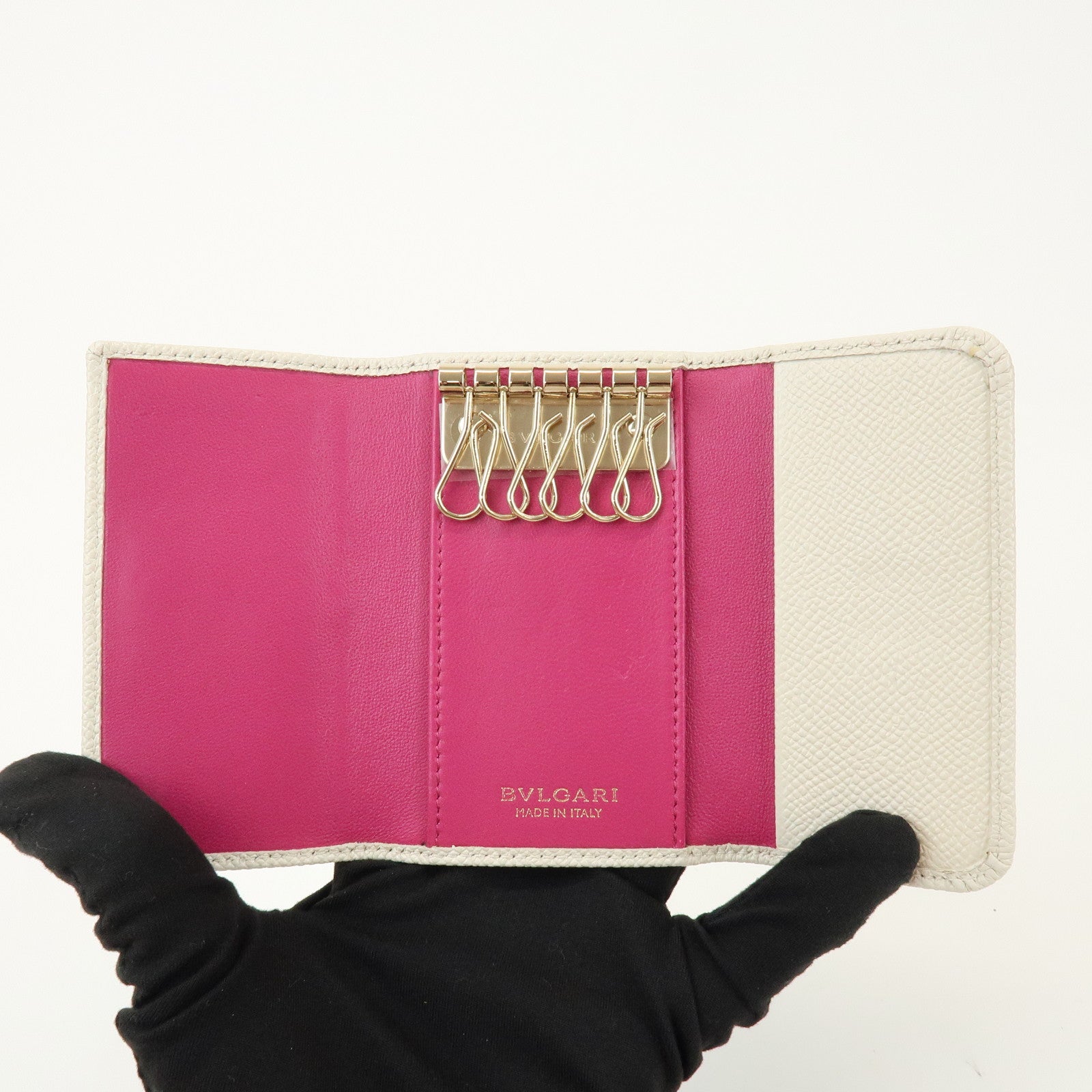 BVLGARI Logo Leather 6 Rings Key Case Key Holder Ivory
