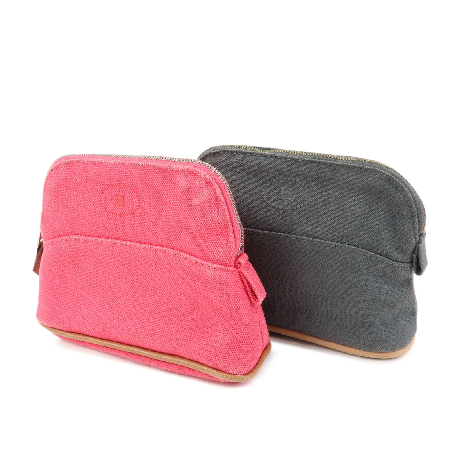 HERMES Set of 2 Bolide Mini 16 Canvas Leather Pouch Pink Grey