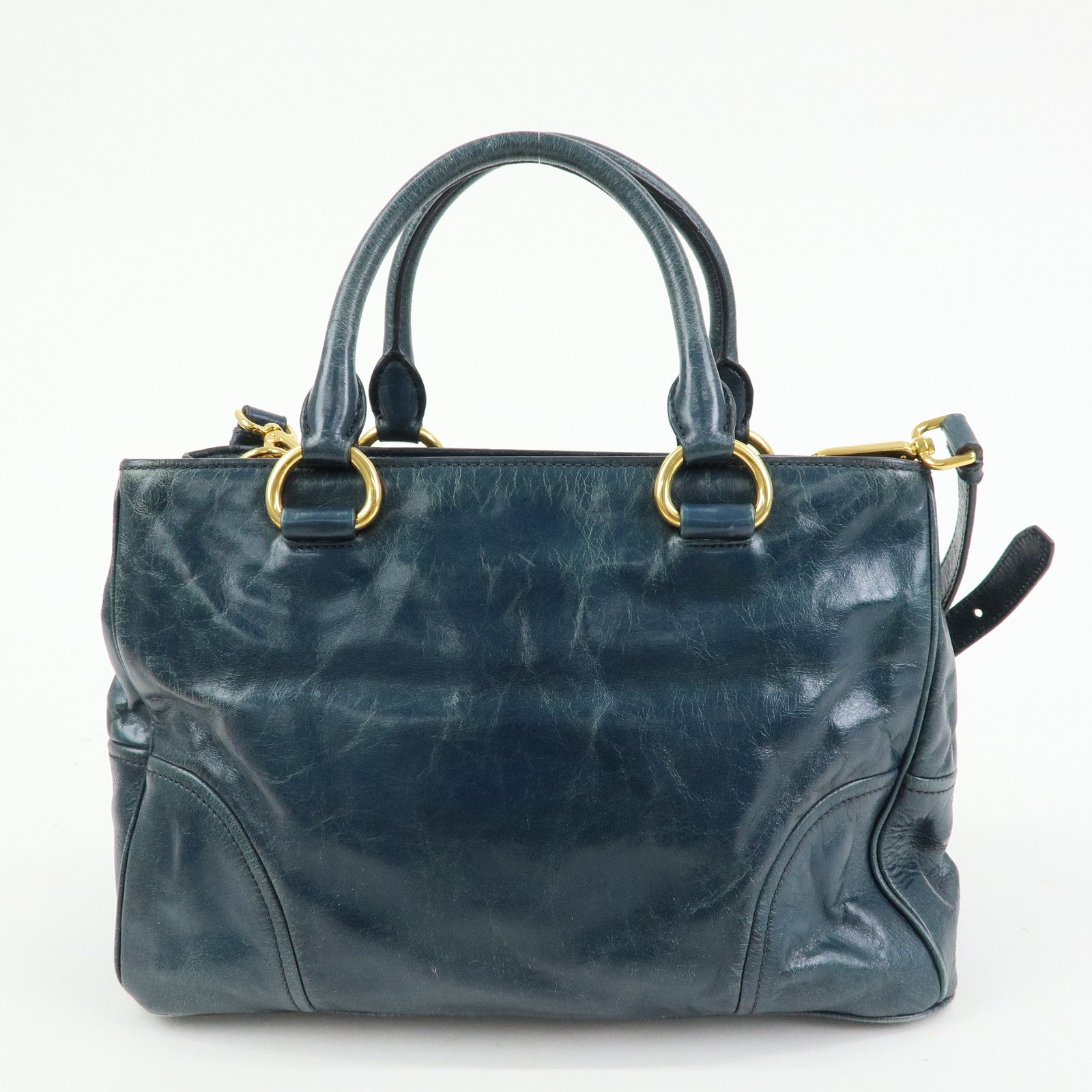MIU MIU Logo Leather 2Way Bag Hand Bag Shoulder Bag Navy