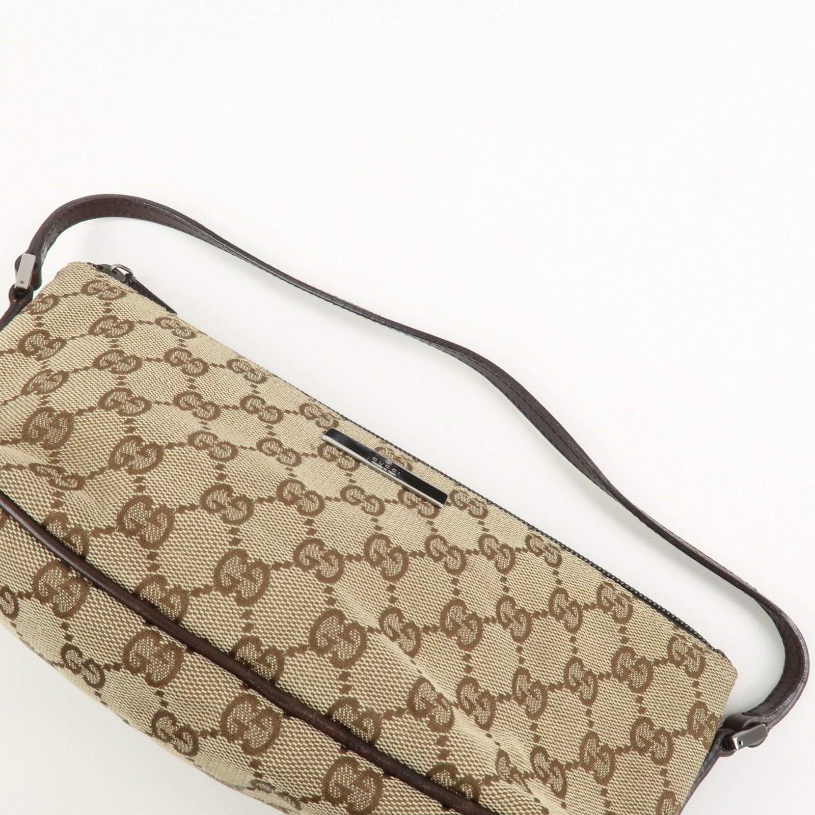 GUCCI Boat Bag GG Canvas Leather Hand Bag Pouch Beige Brown 07198