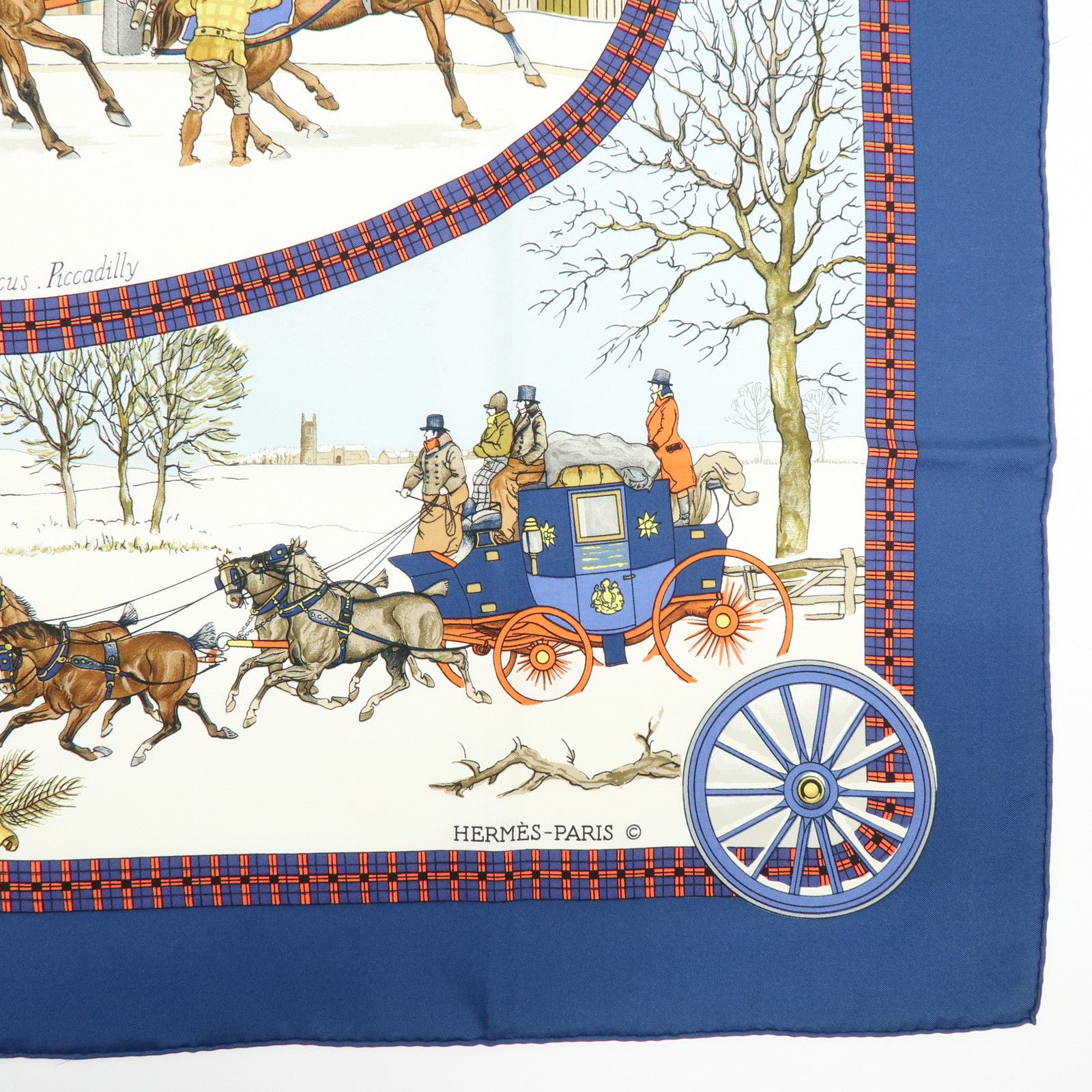 HERMES Carre 90 Silk 100% L'HIVER EN POSTE Scarf Navy Brown