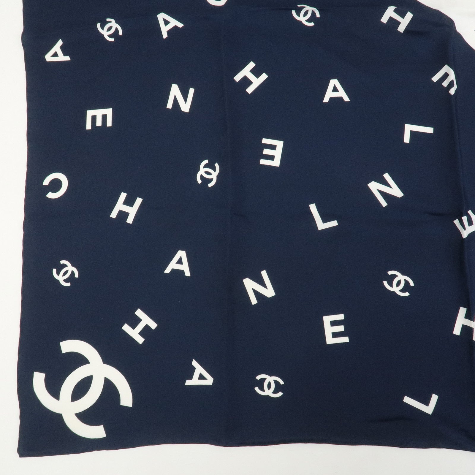 CHANEL COCO Mark Silk 100% Scarf White Navy
