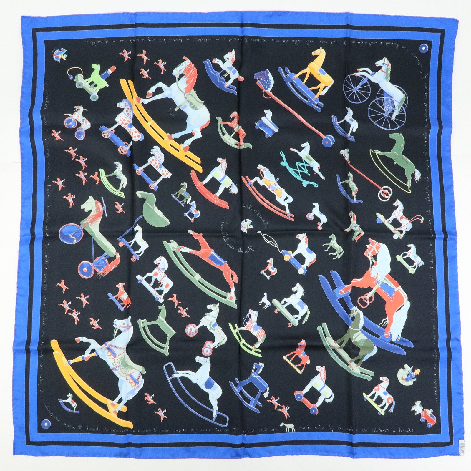HERMES Carre 90 Silk 100% Scarf Raconte Moi le Cheval Black Blue
