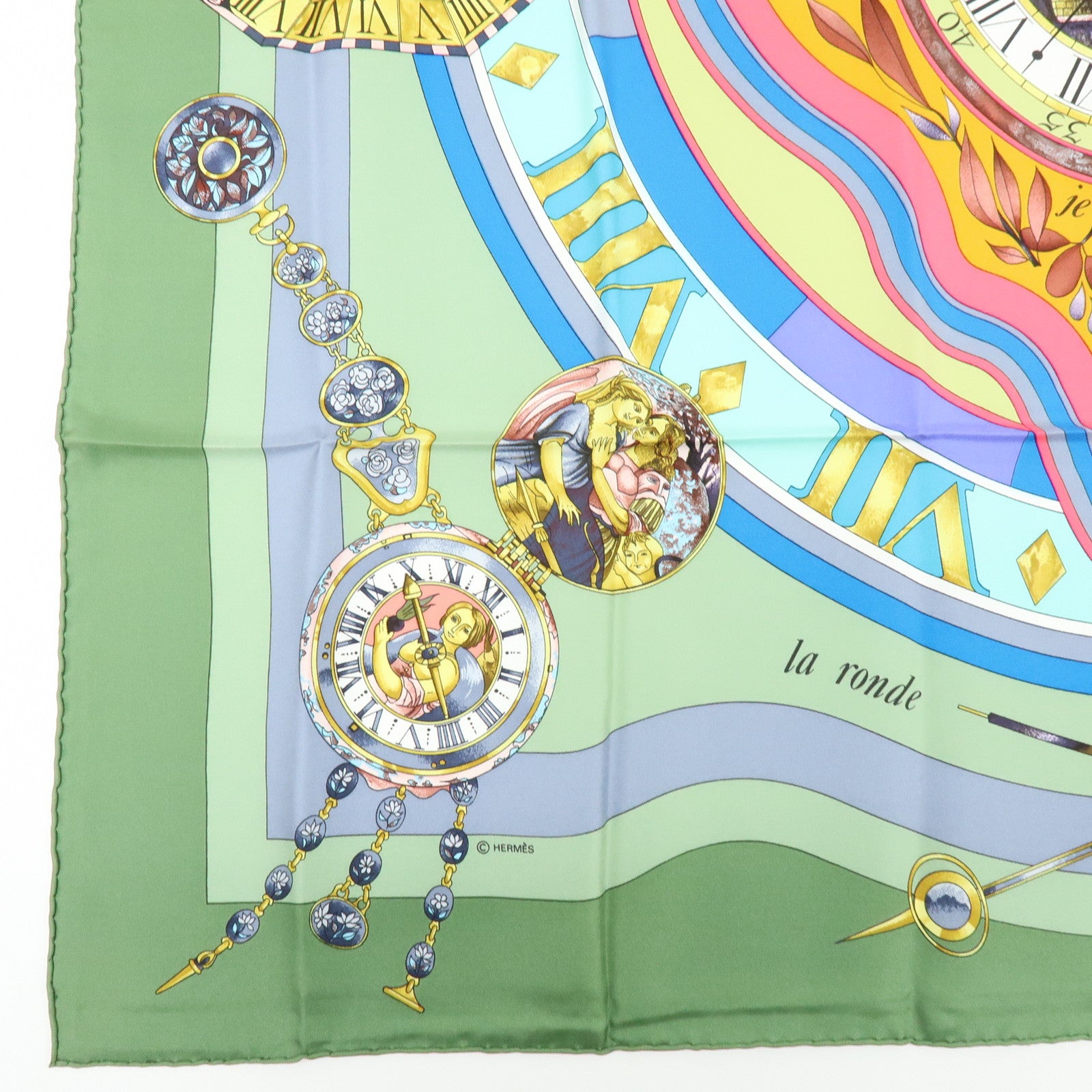 HERMES Carre 90 Silk 100% Scarf la ronde des heures Green Gray Pink