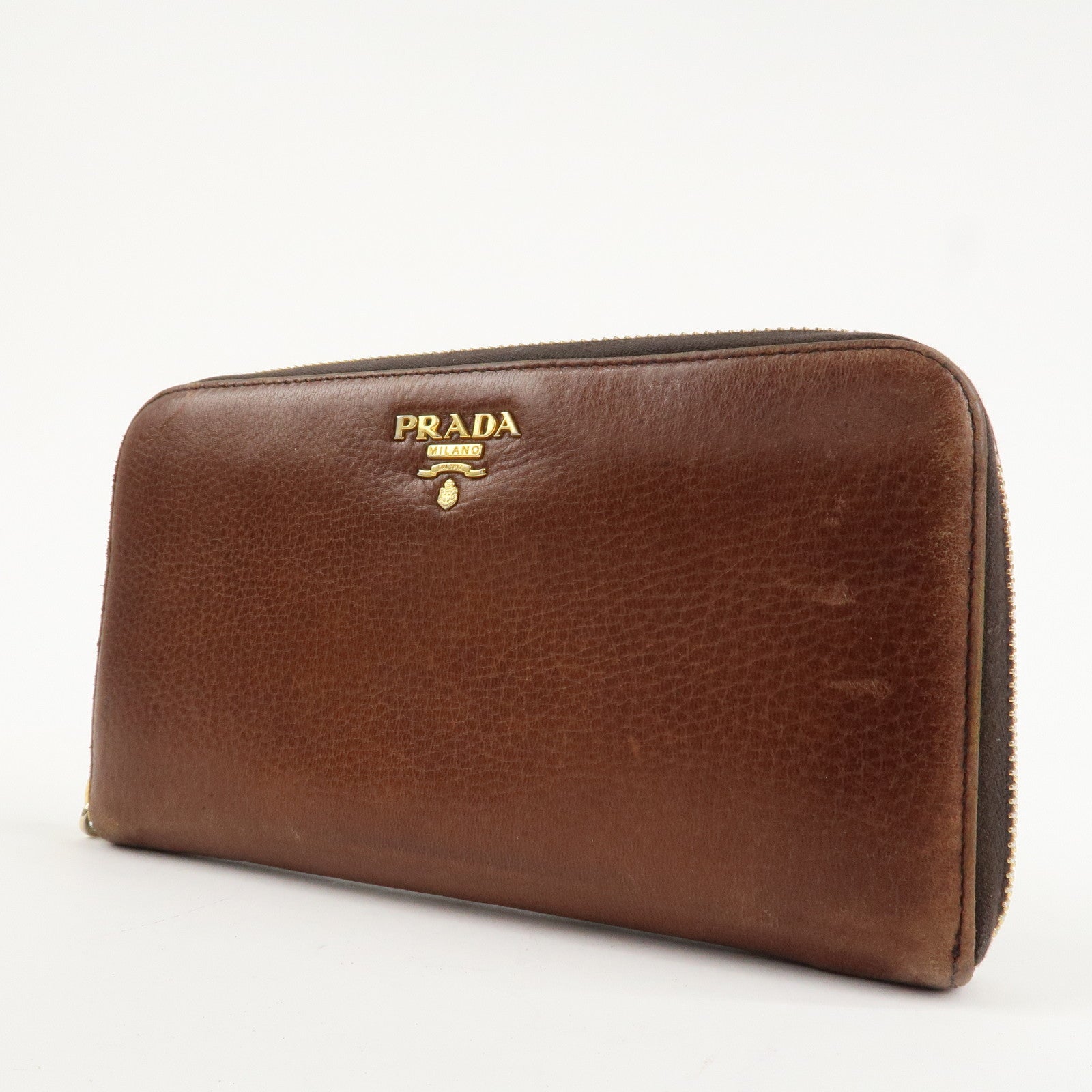PRADA Saffiano Leather Round Zippy Long Wallet Brown 1M0506 Used