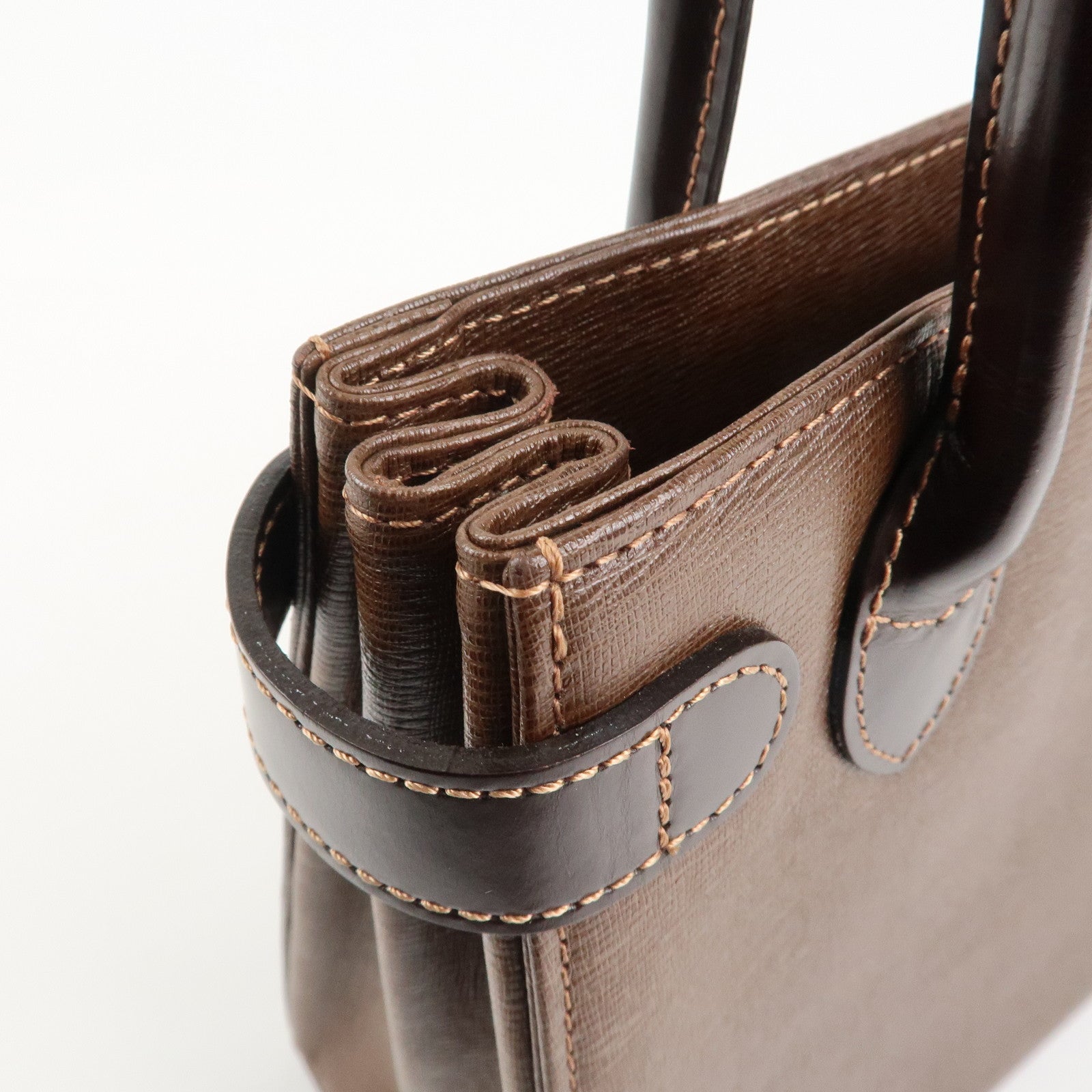 BURBERRY Leather Hand Bag Tote Bag Brown Gold Hardware Used