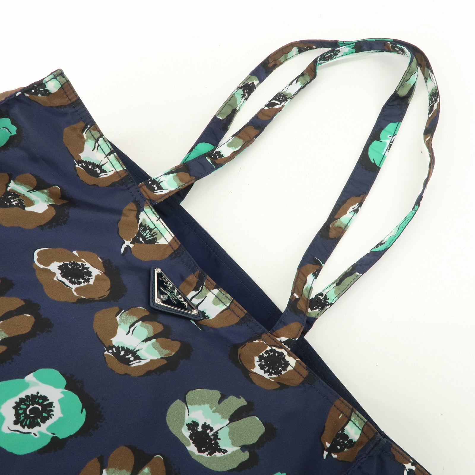 PRADA Triangle Logo Nylon Tote Bag w/Pouch Flower Print Navy B4626B Used