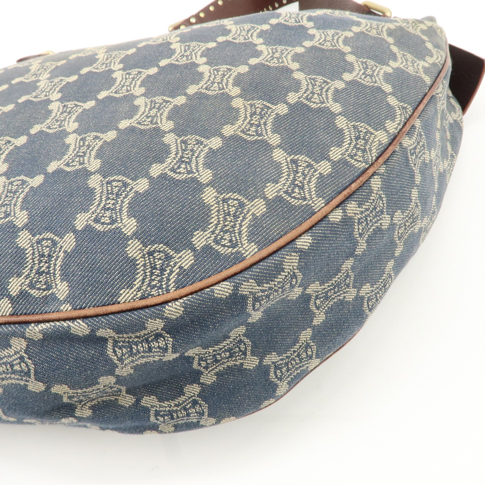 CELINE Macadam Canvas Leather Shoulder Bag Blue Brown Used