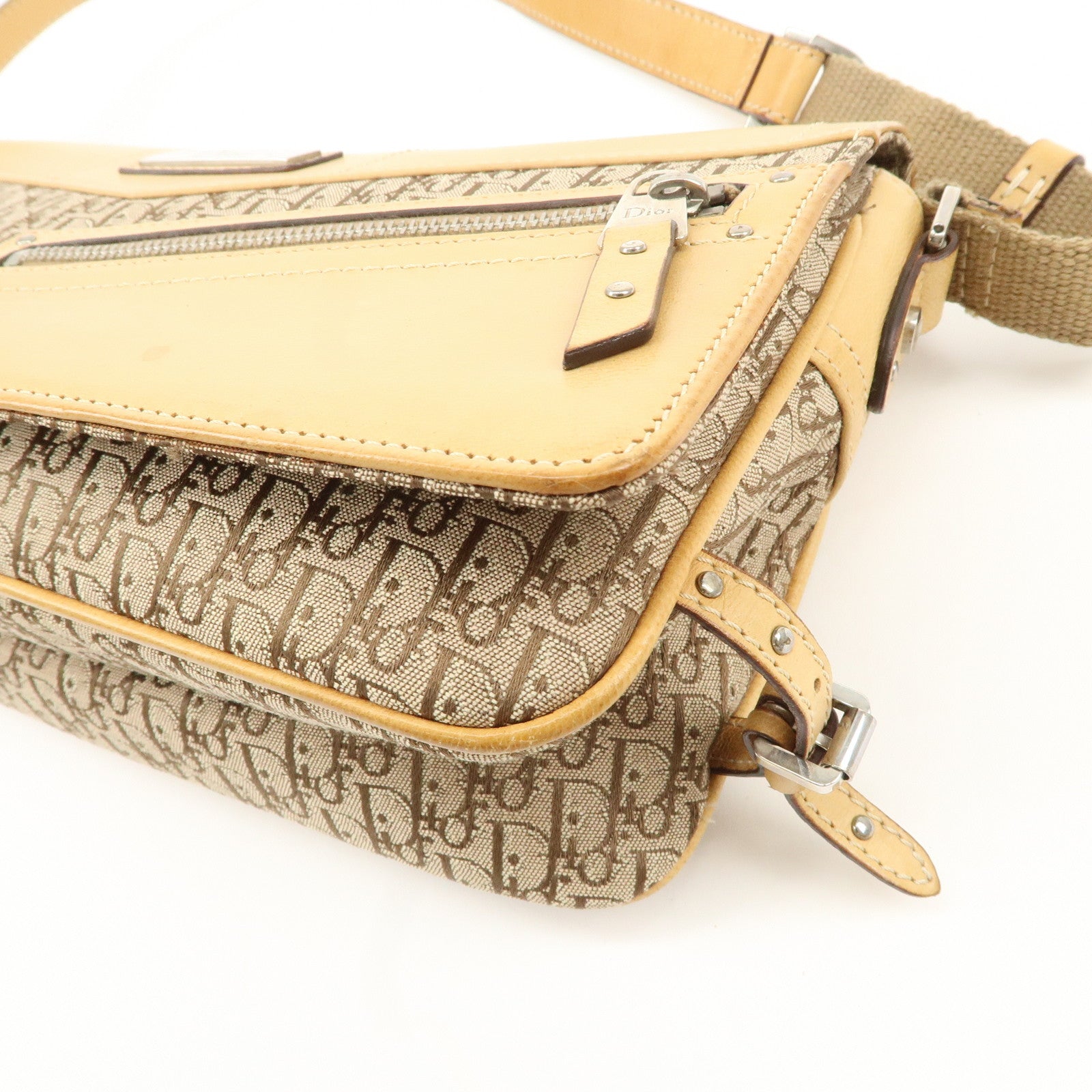 Christian Dior Trotter Canvas Leather Shoulder Bag Beige Used