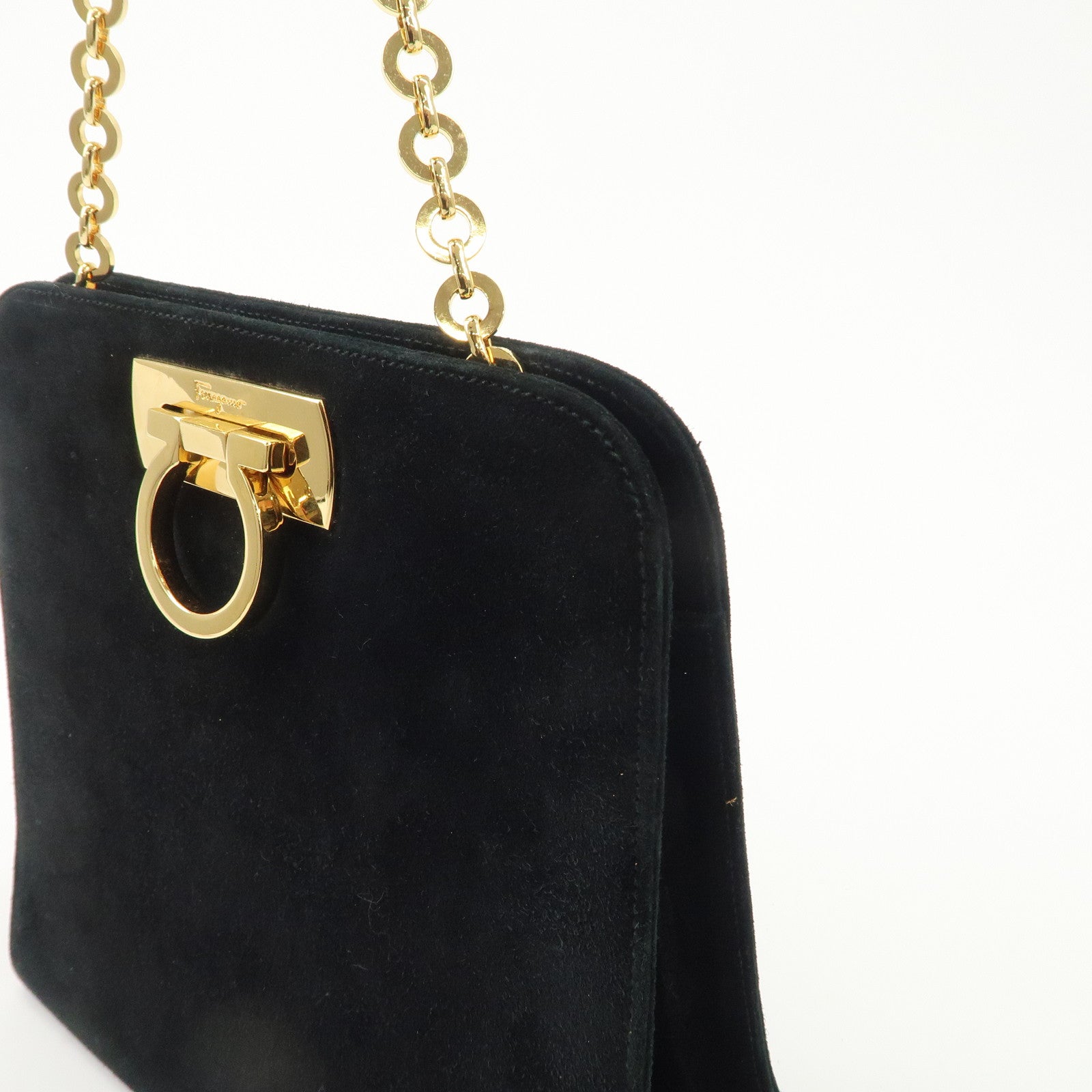 Salvatore Ferragamo Gancini Suede Chain Shoulder Black Bag Used