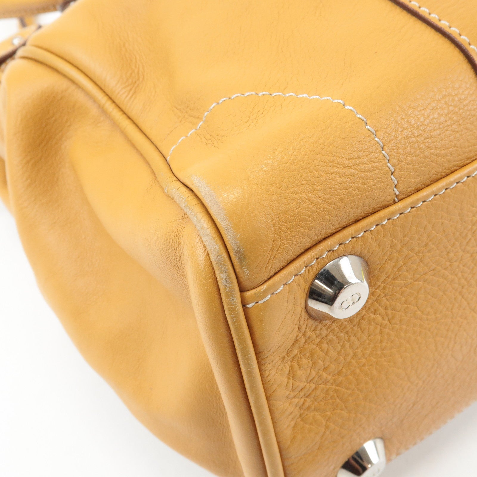 Christian Dior Leather Tote Bag Shoulder Bag Mustard Silver HDW Used