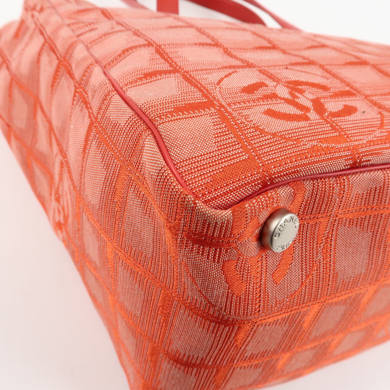 CHANEL New Travel Line Nylon Jacquard Leather Tote Bag Red A15991 Used