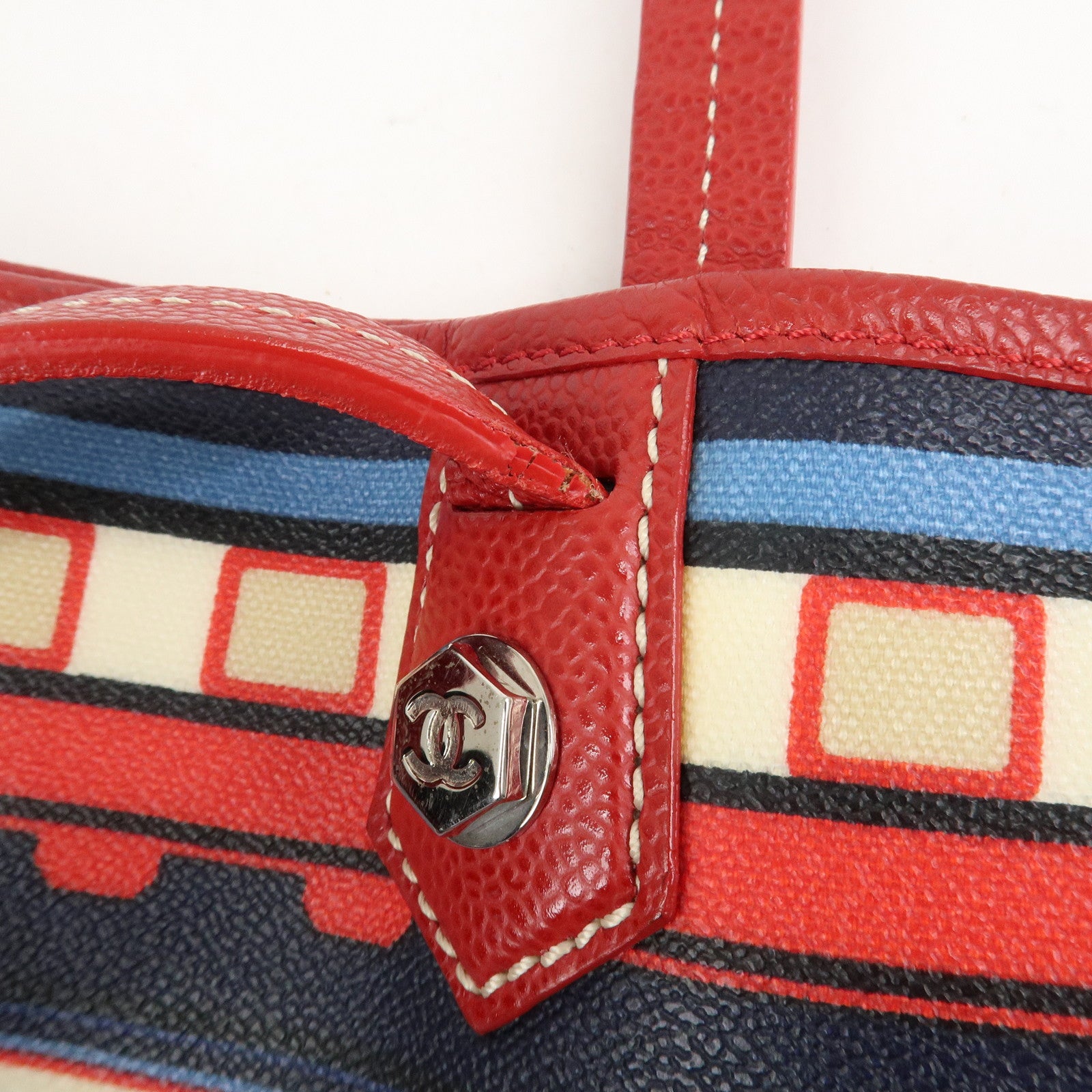 CHANEL PVC Leather Central Station Tote Bag Navy Red Used
