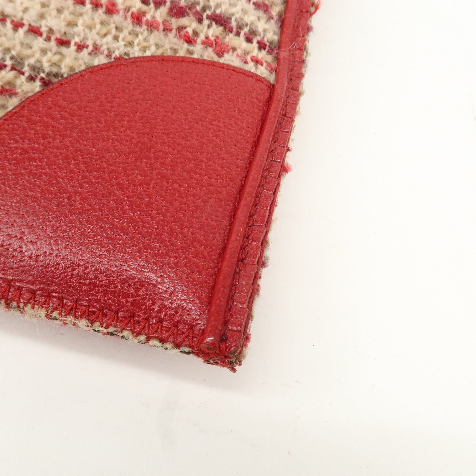 PRADA Logo Tweed Leather Hand Bag Beige Red Used