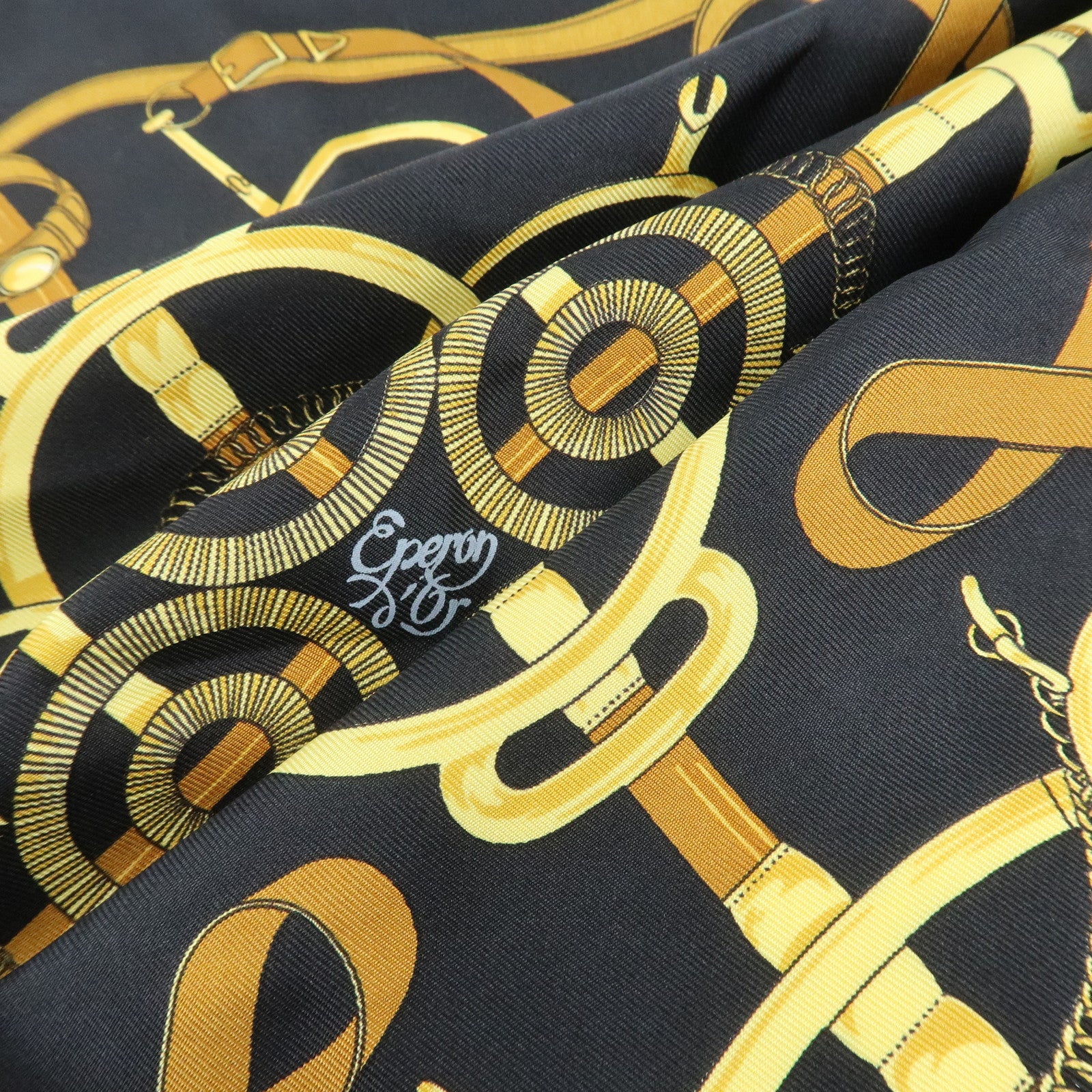 HERMES Silk 100% Carre 40 Scarf Pellier Navy Gold Used