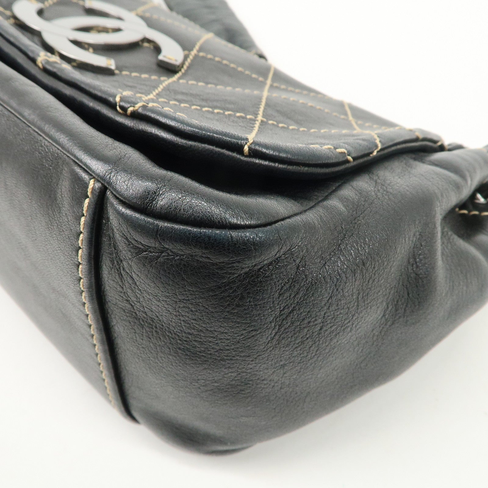 CHANEL COCO Mark Wild Stitch Lamb Skin Chain Shoulder Bag Black Used