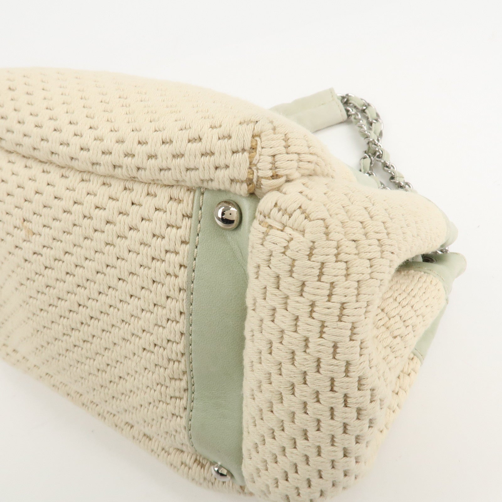 CHANEL Cotton Leather Chain Shoulder Bag Ivory Light Green Used