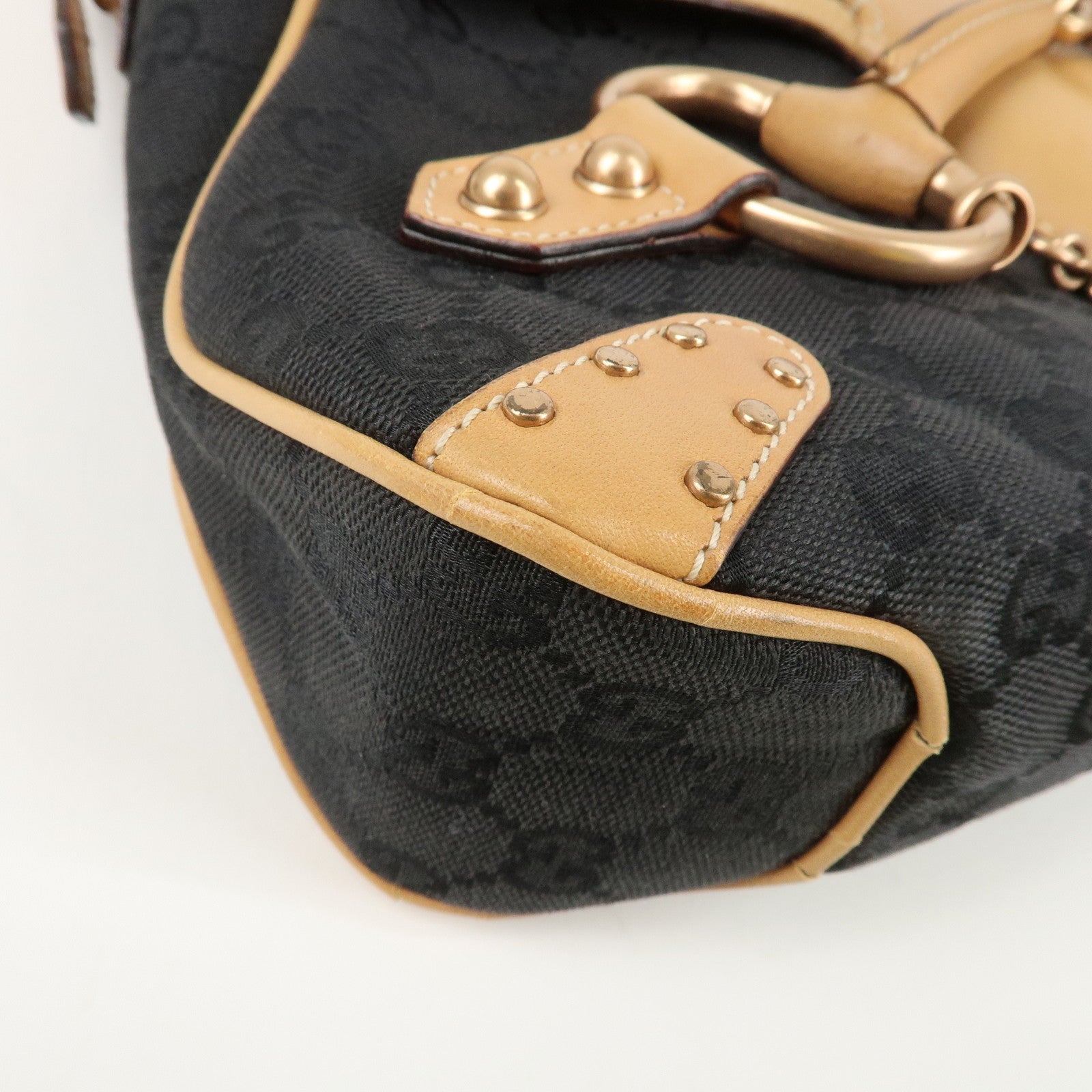 GUCCI Horsebit GG Canvas Leather Studs Shoulder Bag Black 114915 Used