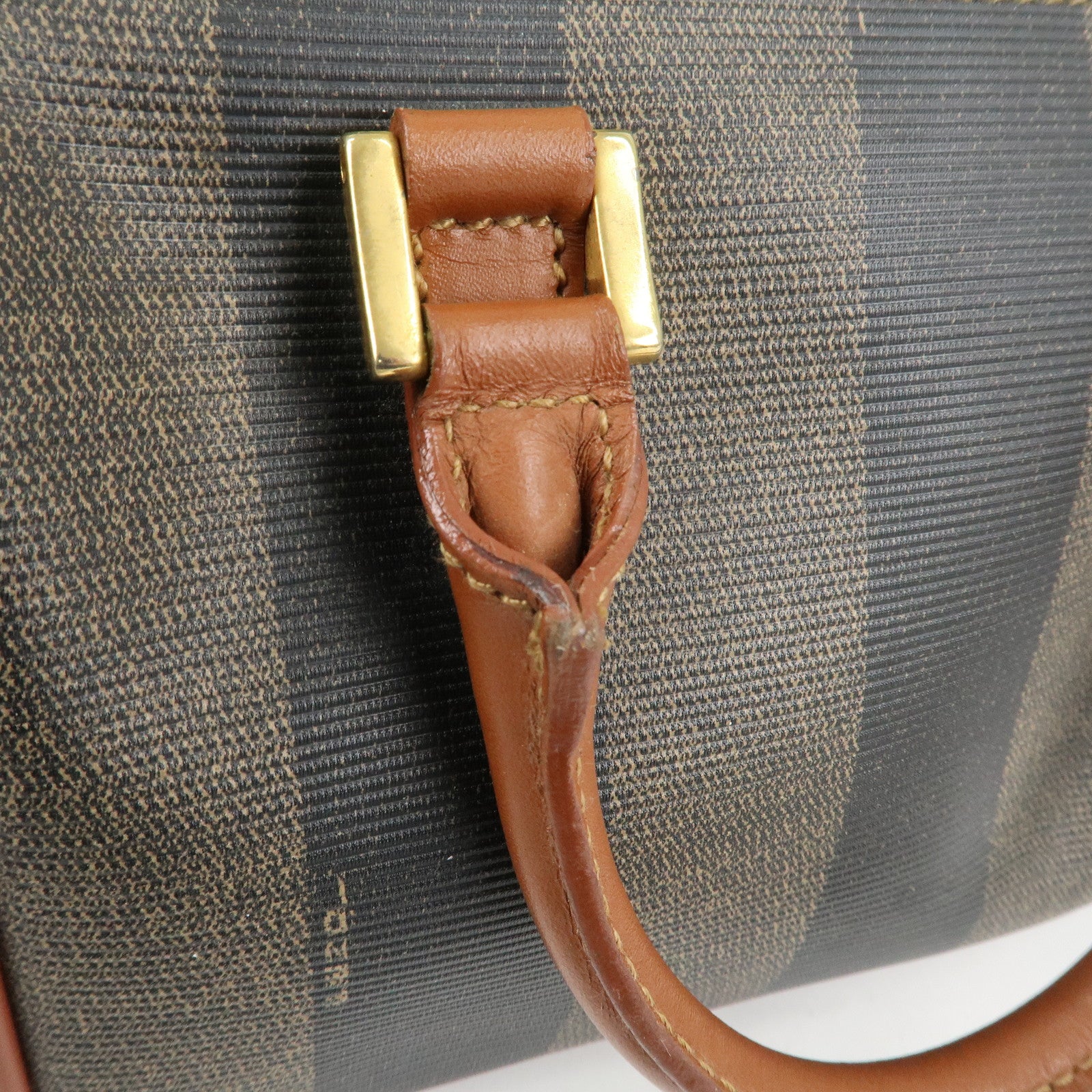 FENDI Pequin PVC Leather Mini Boston Bag Khaki Brown Black Used