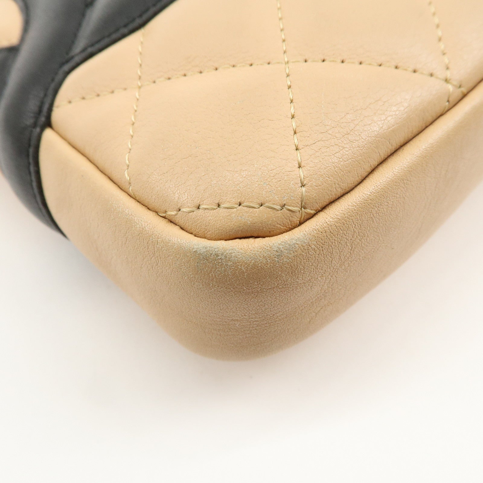 CHANEL Cambon Line Lambskin Shoulder Bag Beige Black A25178 Used